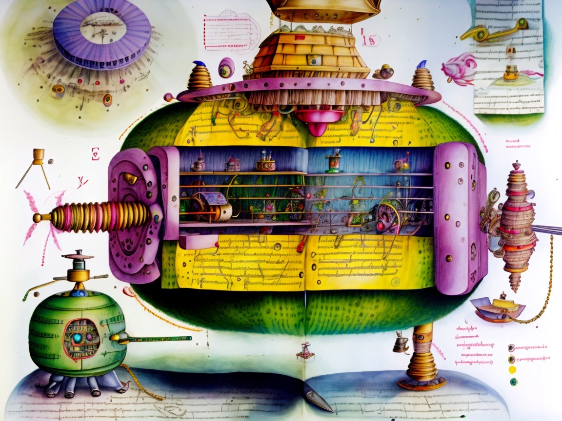 Whimsical Mechanical Device Illustration with Steampunk Elements