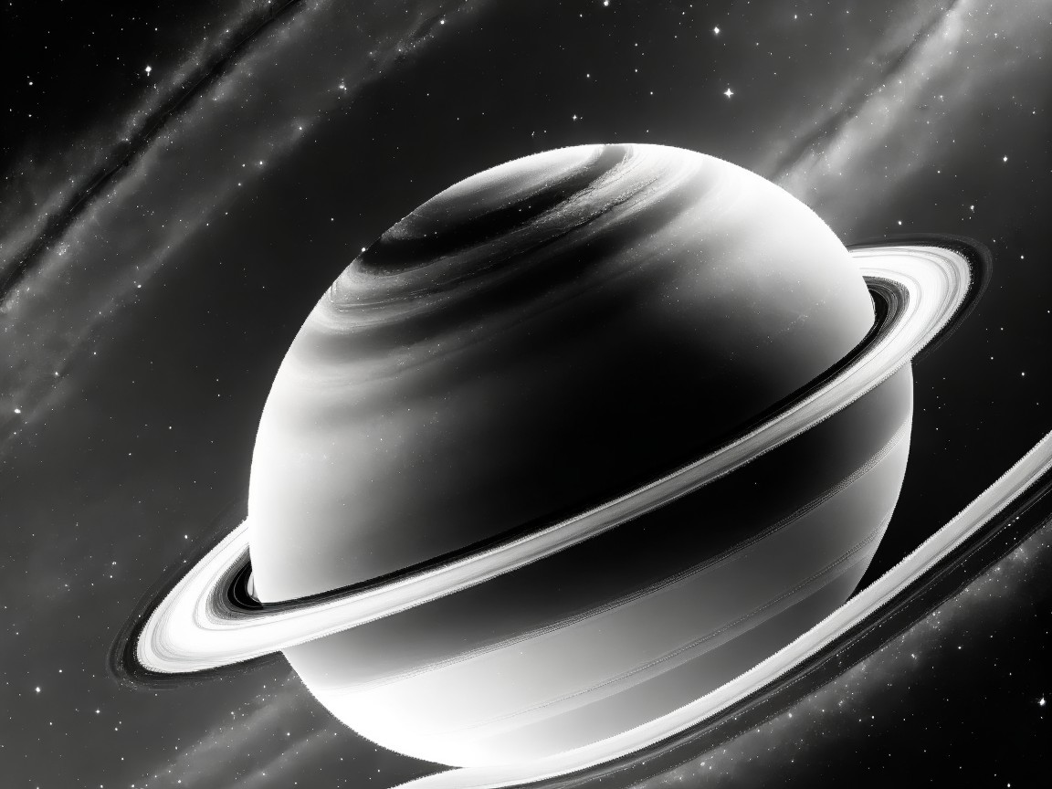 Black-and-white depiction of Saturn with rings