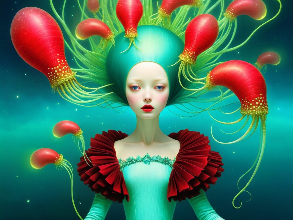 Surreal Portrait of a Woman with Teal Jellyfish Hair