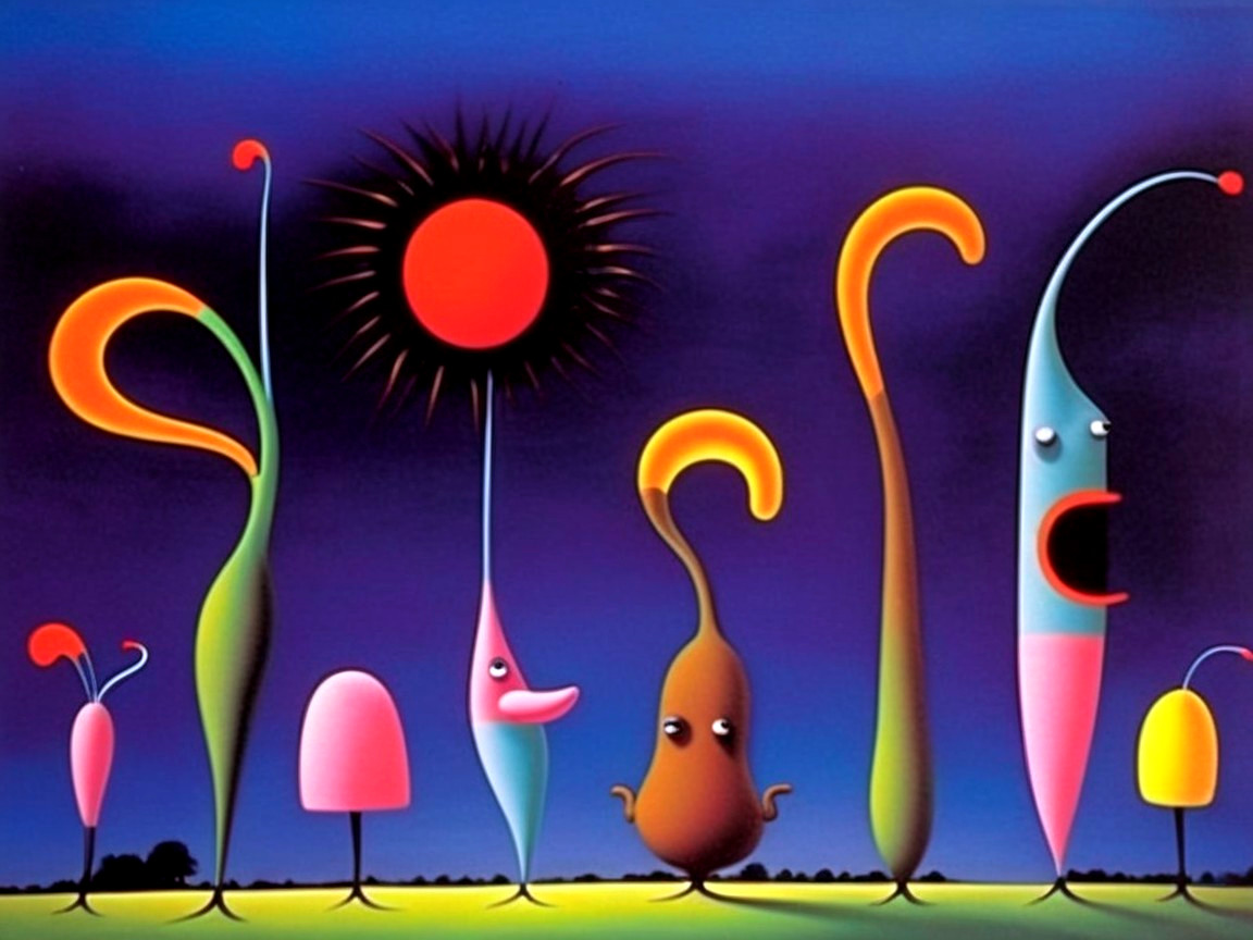 Surreal Colorful Painting of Abstract Plant Creatures