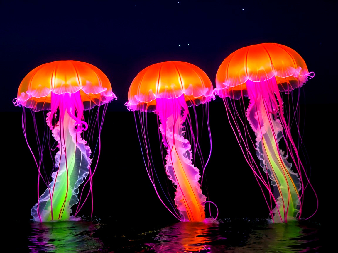 Bioluminescent Jellyfish in a Starry Lake Setting