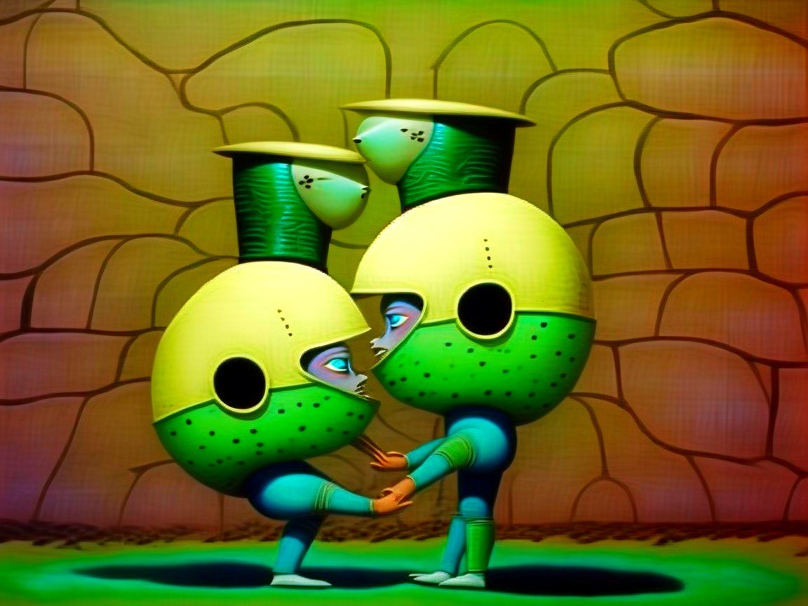 Two colorful creatures in light blue clothing holding hands