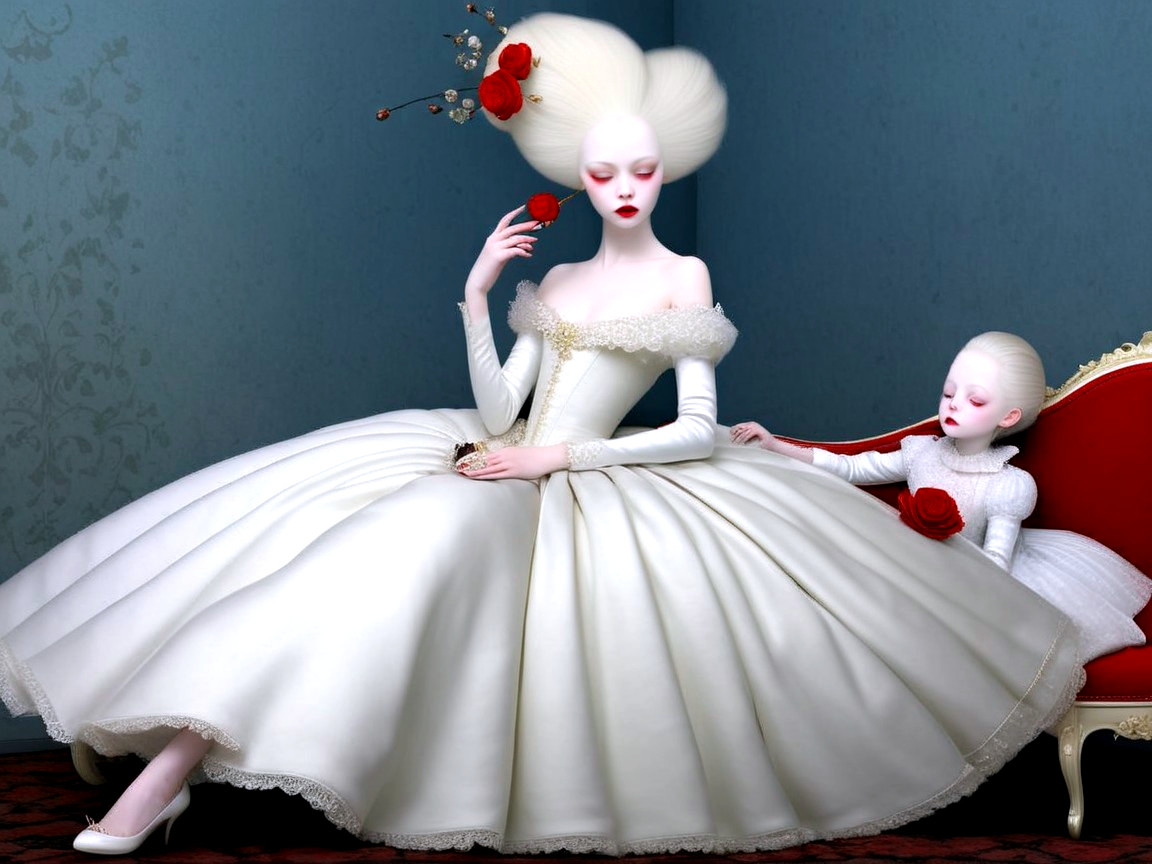 Lavish Room with Woman and Girl in Ornate Gowns