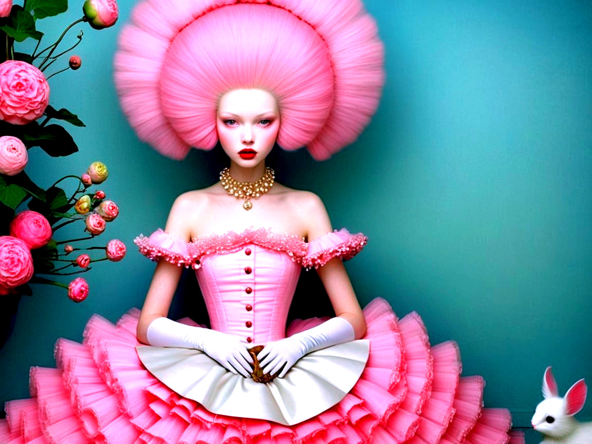 Pale-Skinned Model in Pink Dress with Rabbit and Roses