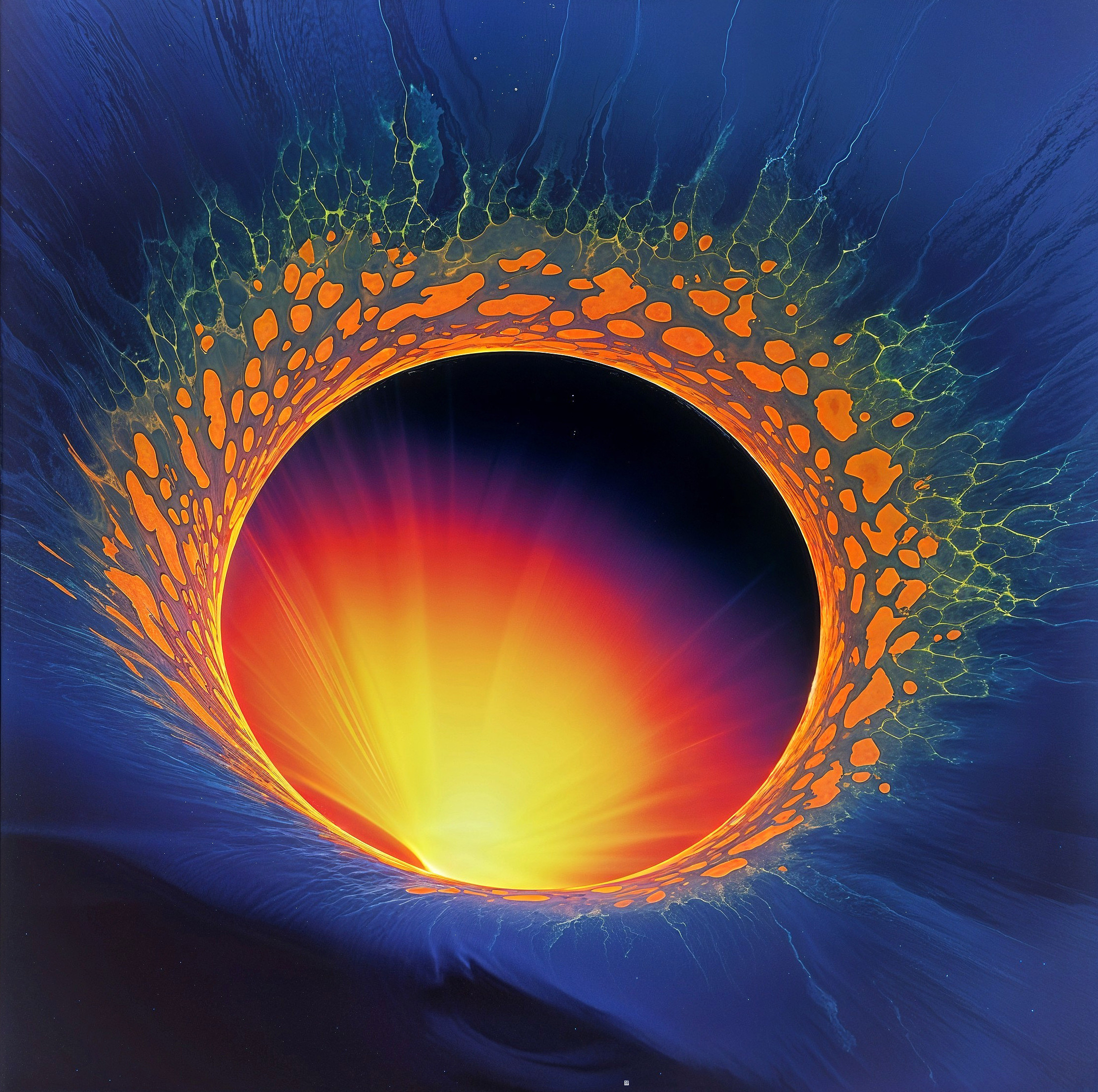 Vibrant cosmic scene with a central black circle