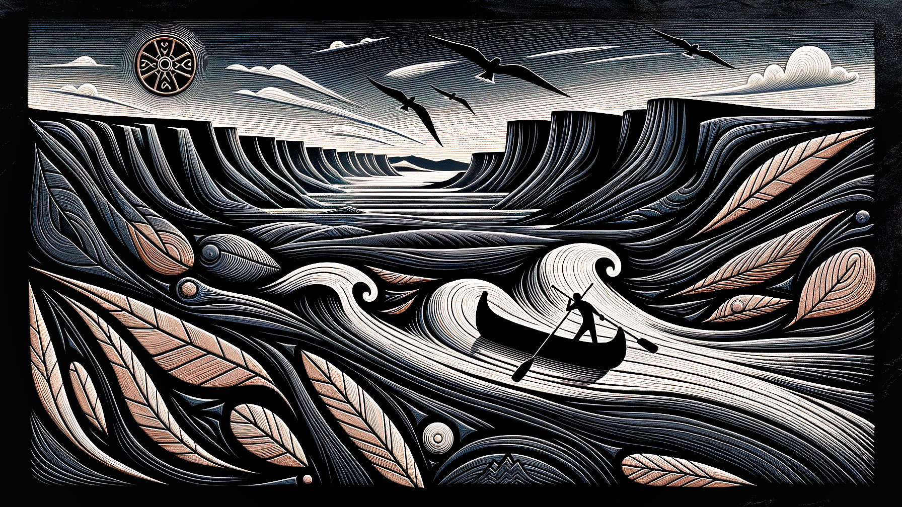 Stylized landscape with river, cliffs, and boat