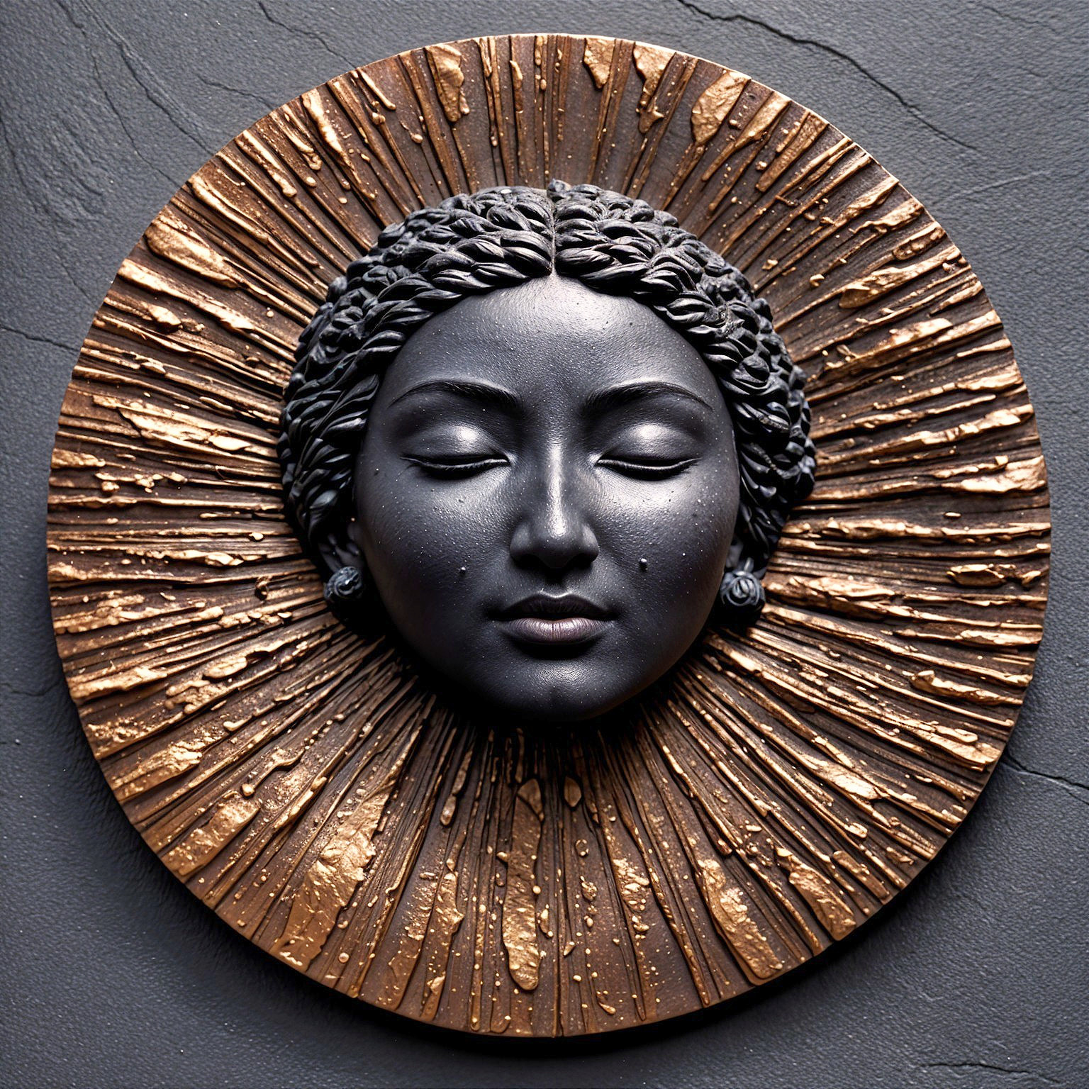 Serene Female Face Wall Sculpture with Sunburst Background