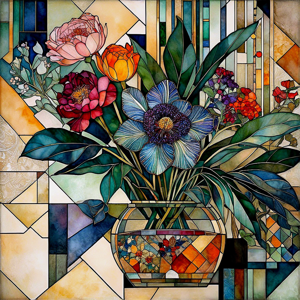 Vibrant Stained Glass Floral Arrangement in Vase