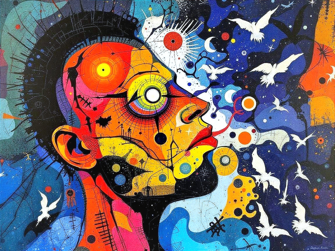 Vibrant Abstract Portrait with Colorful Patterns and Birds