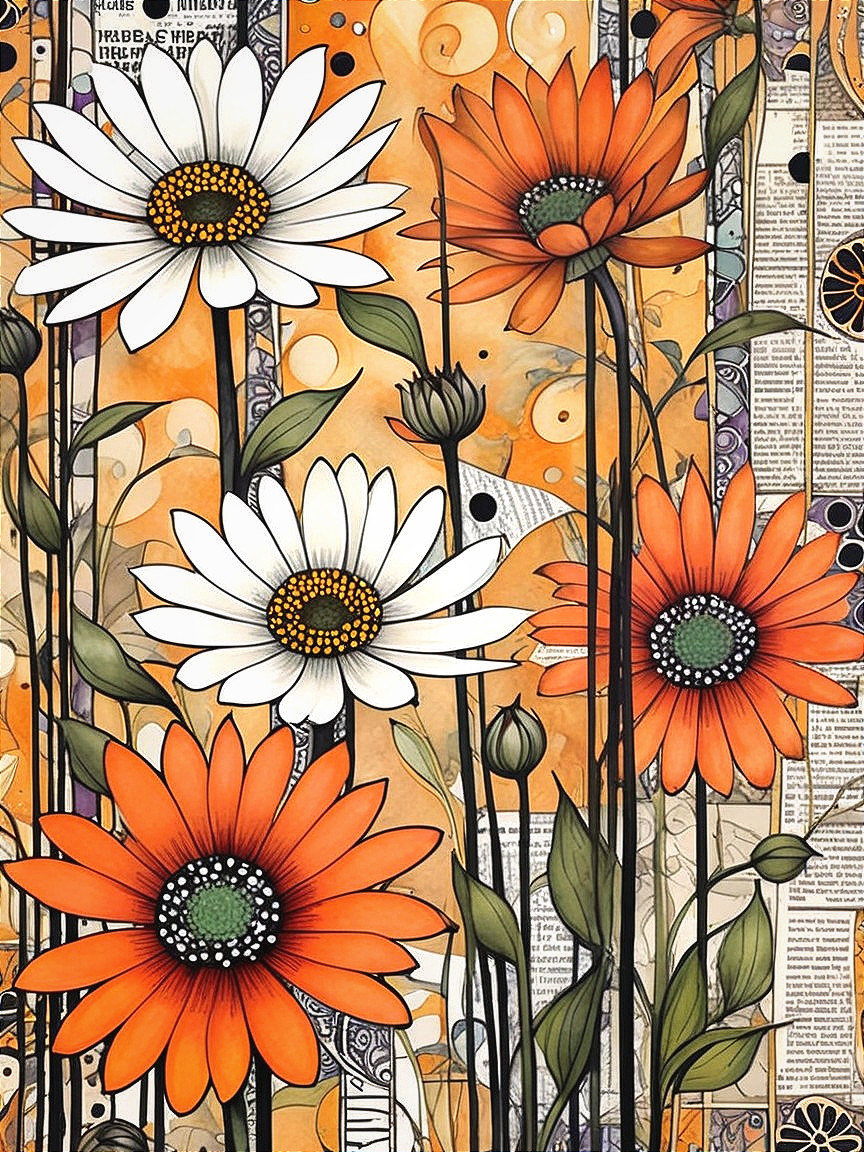 Vibrant Illustration of Stylized Flowers and Leaves