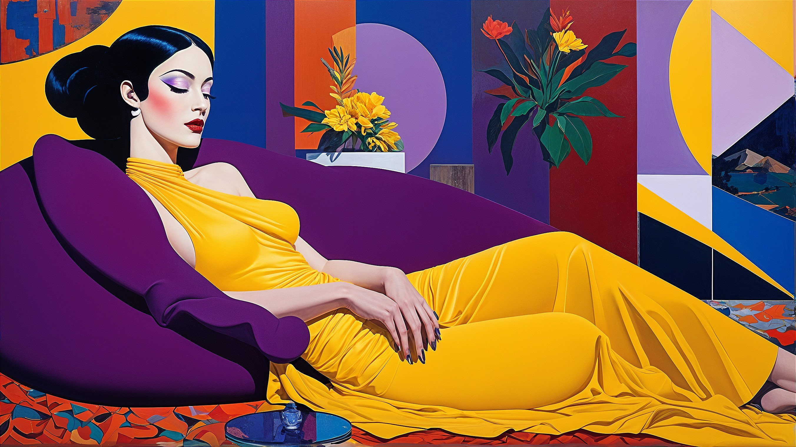 Woman in yellow gown on purple couch with geometric backdrop