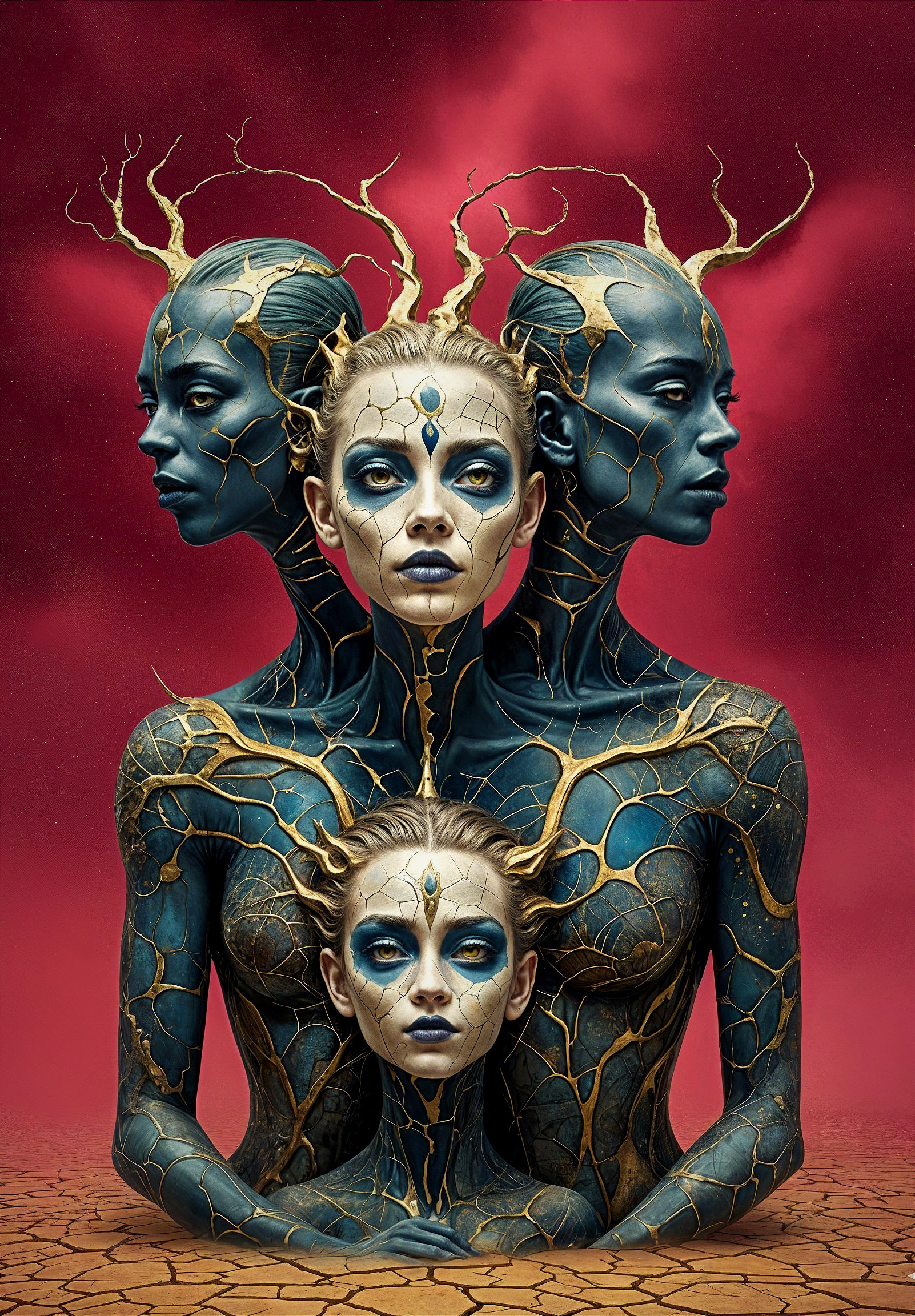 Surreal Intertwined Humanoid Figures with Bark Skin