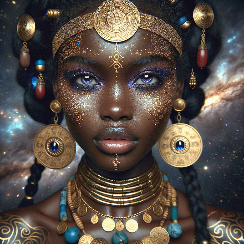 Portrait of a Woman with Golden Jewelry and Cosmic Background