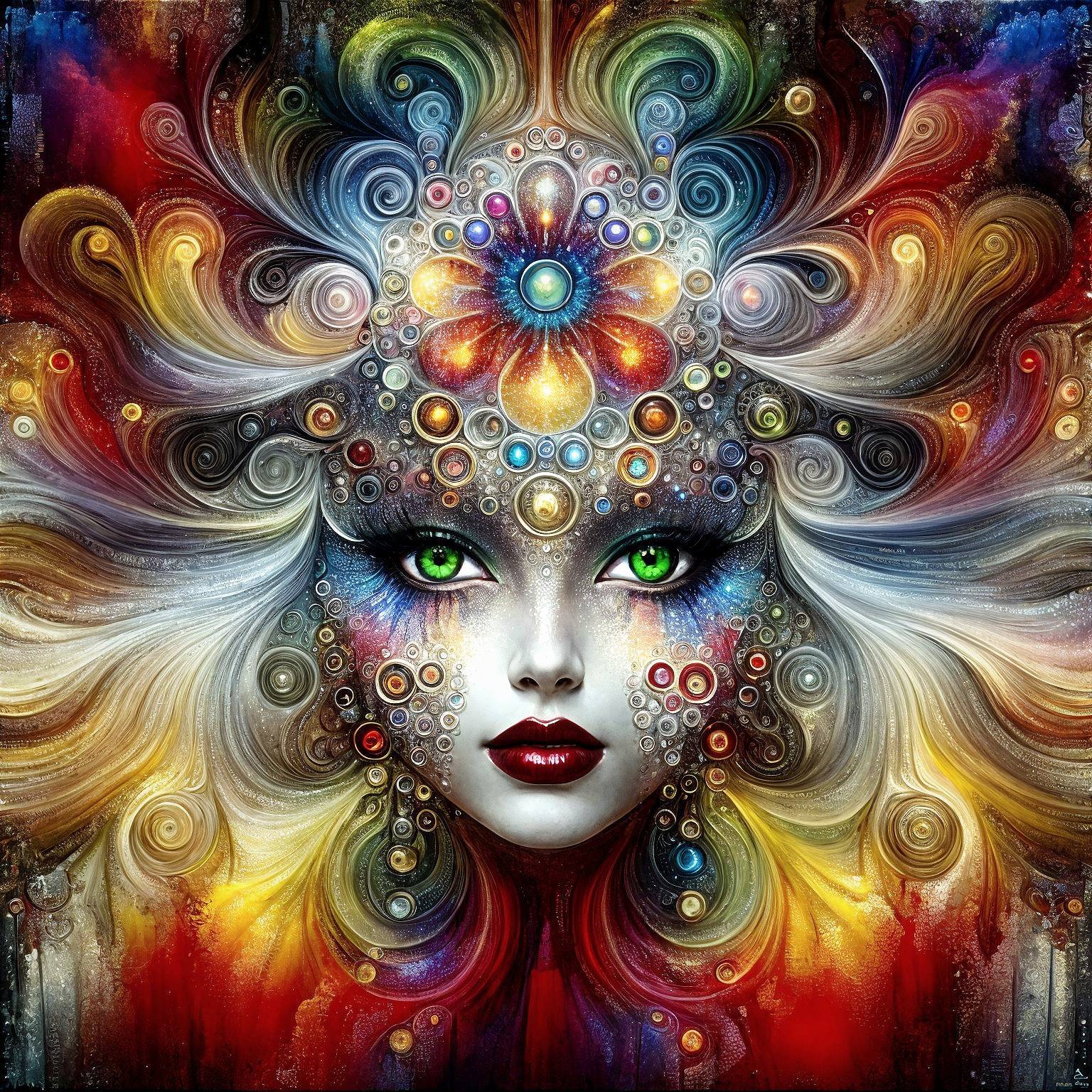 Surreal Artwork with Green Eyes and Floral Motif