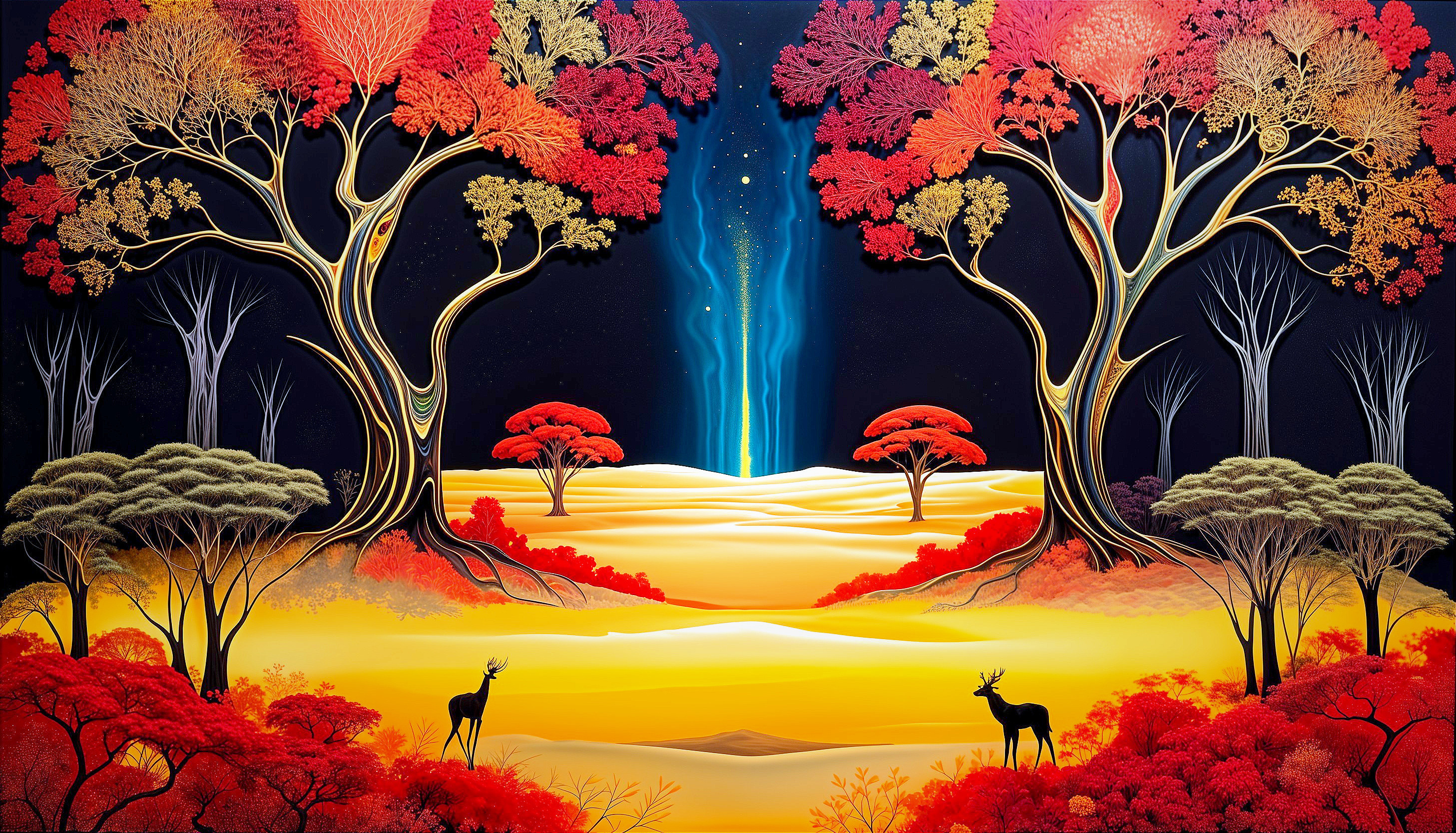 Vibrant landscape with colorful foliage and deer