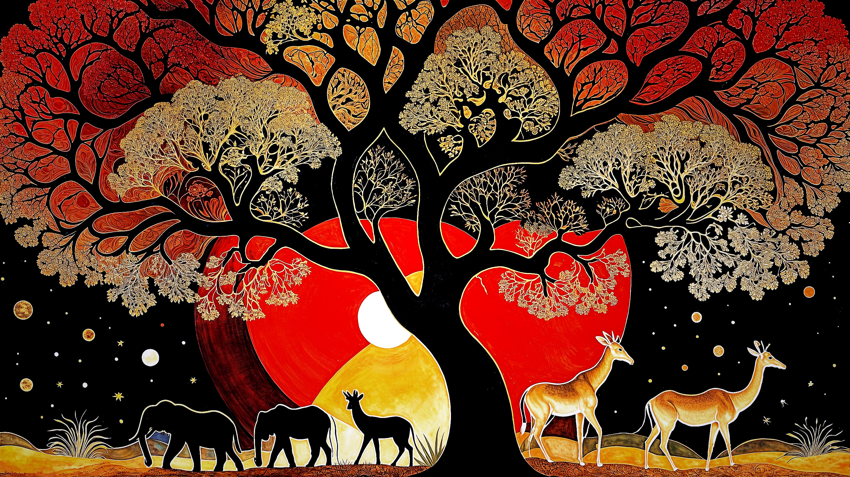 Vibrant Tree Silhouette with Wildlife at Sunset