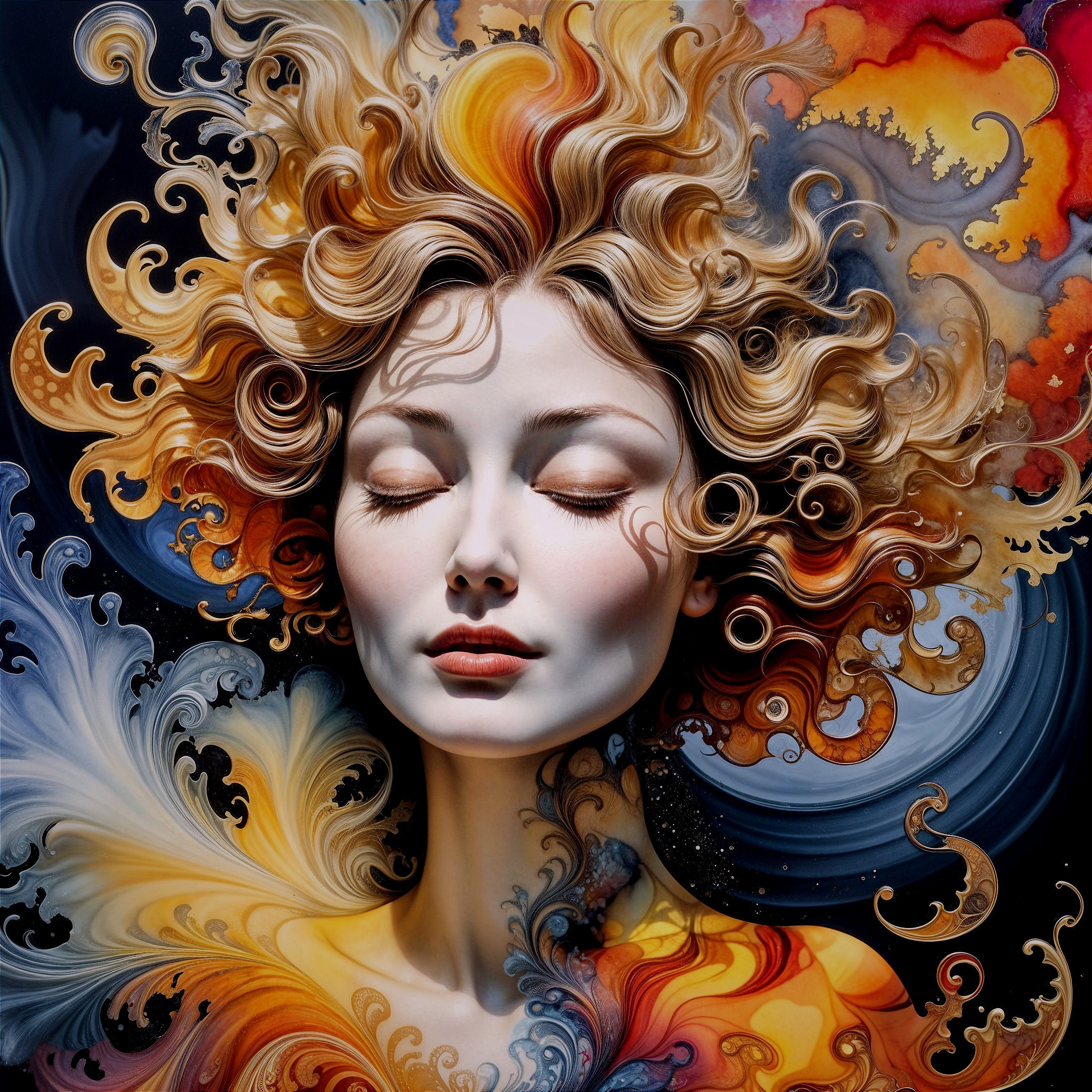 Tranquil Woman Surrounded by Vibrant Abstract Colors