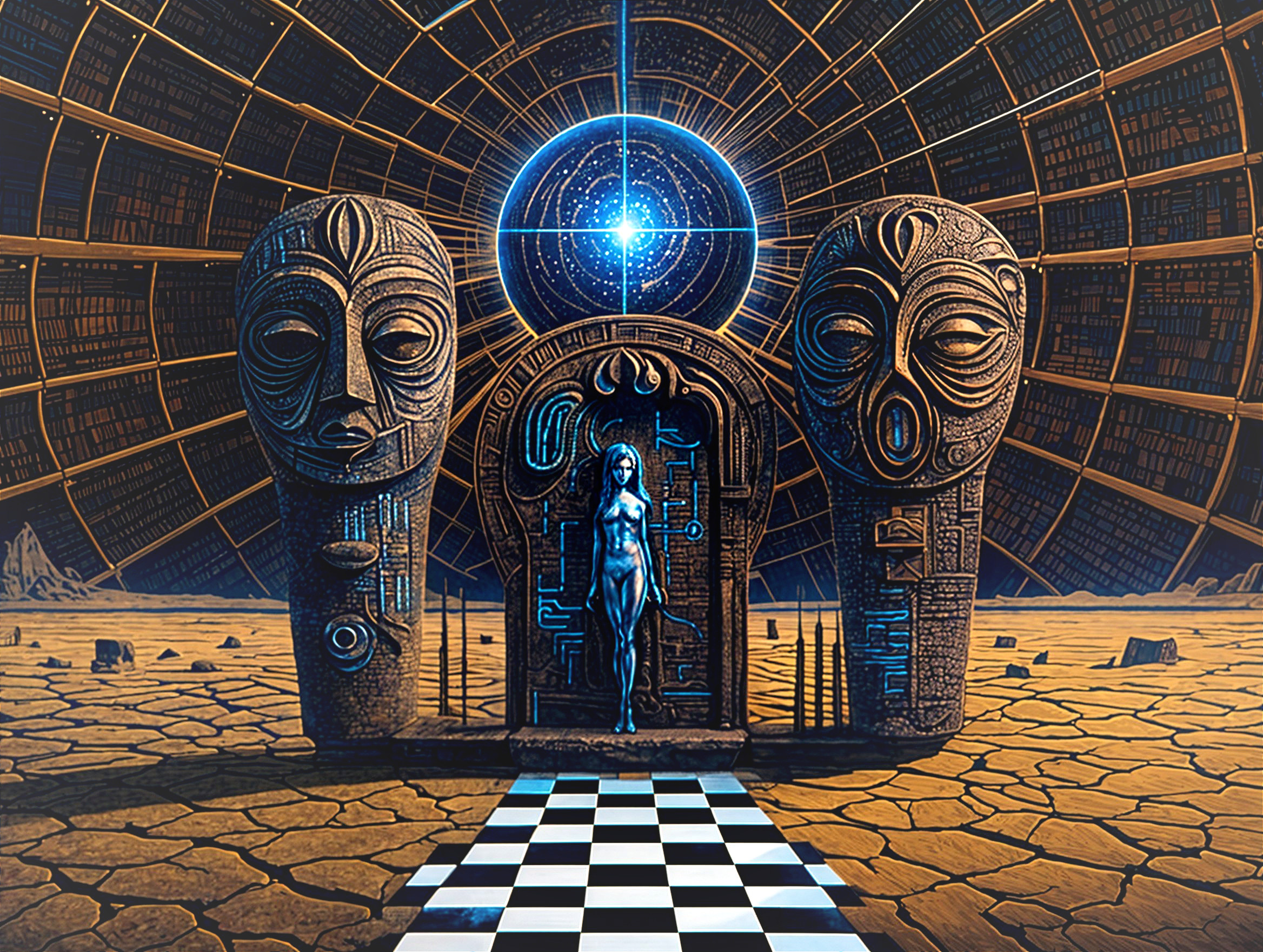 Surreal Landscape with Stone Faces and Mysterious Portal