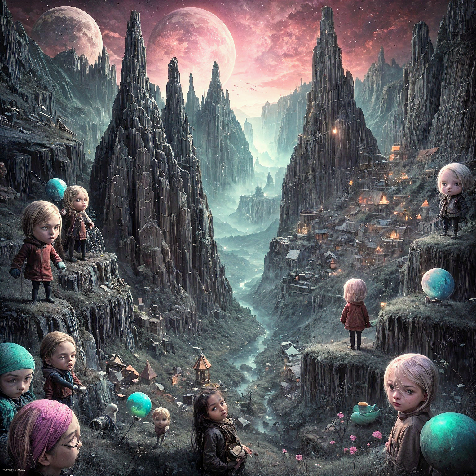Surreal Landscape with Cosmic Sky and Unique Figures
