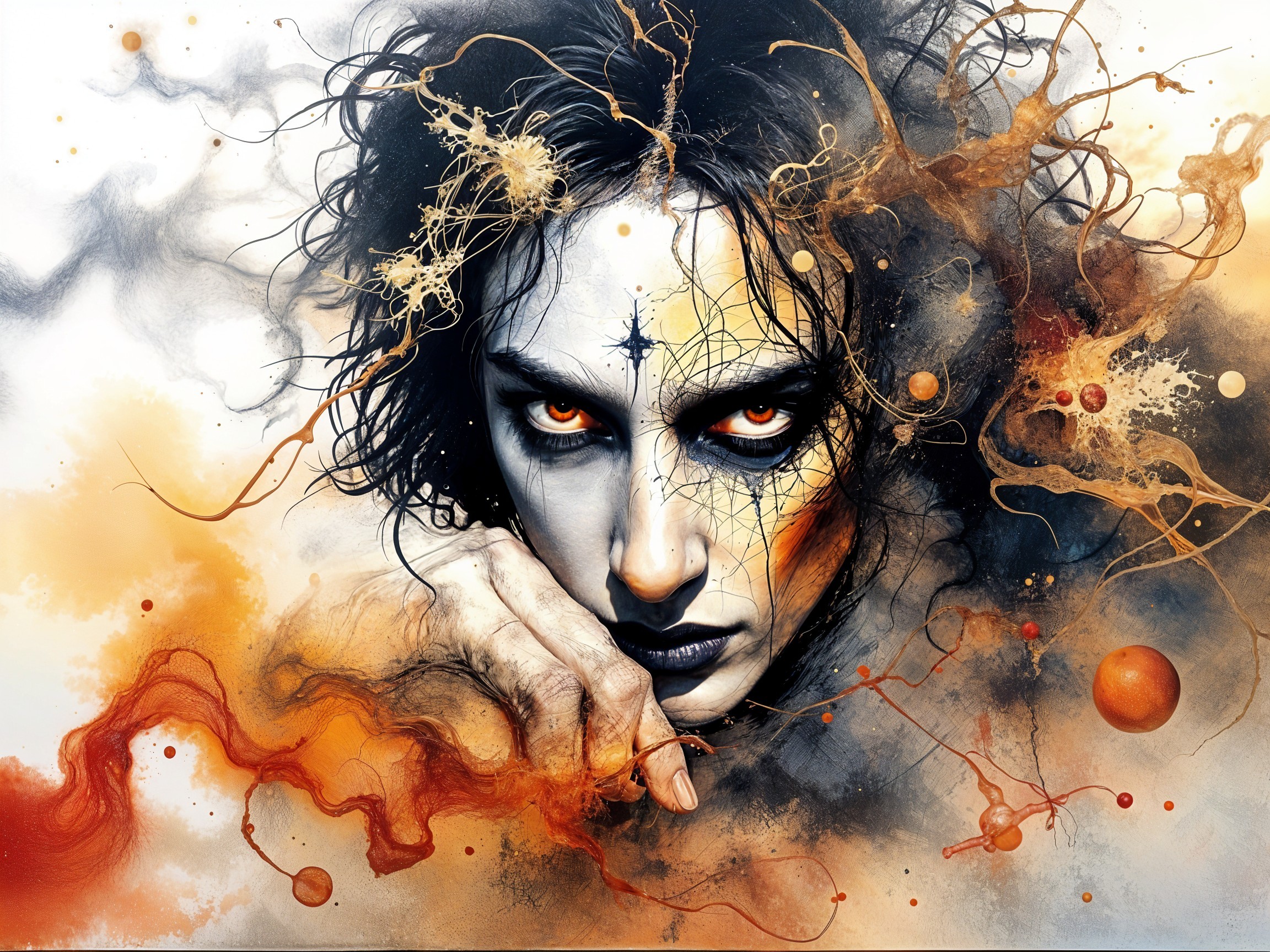 Surreal Portrait with Glowing Orange Eyes and Patterns