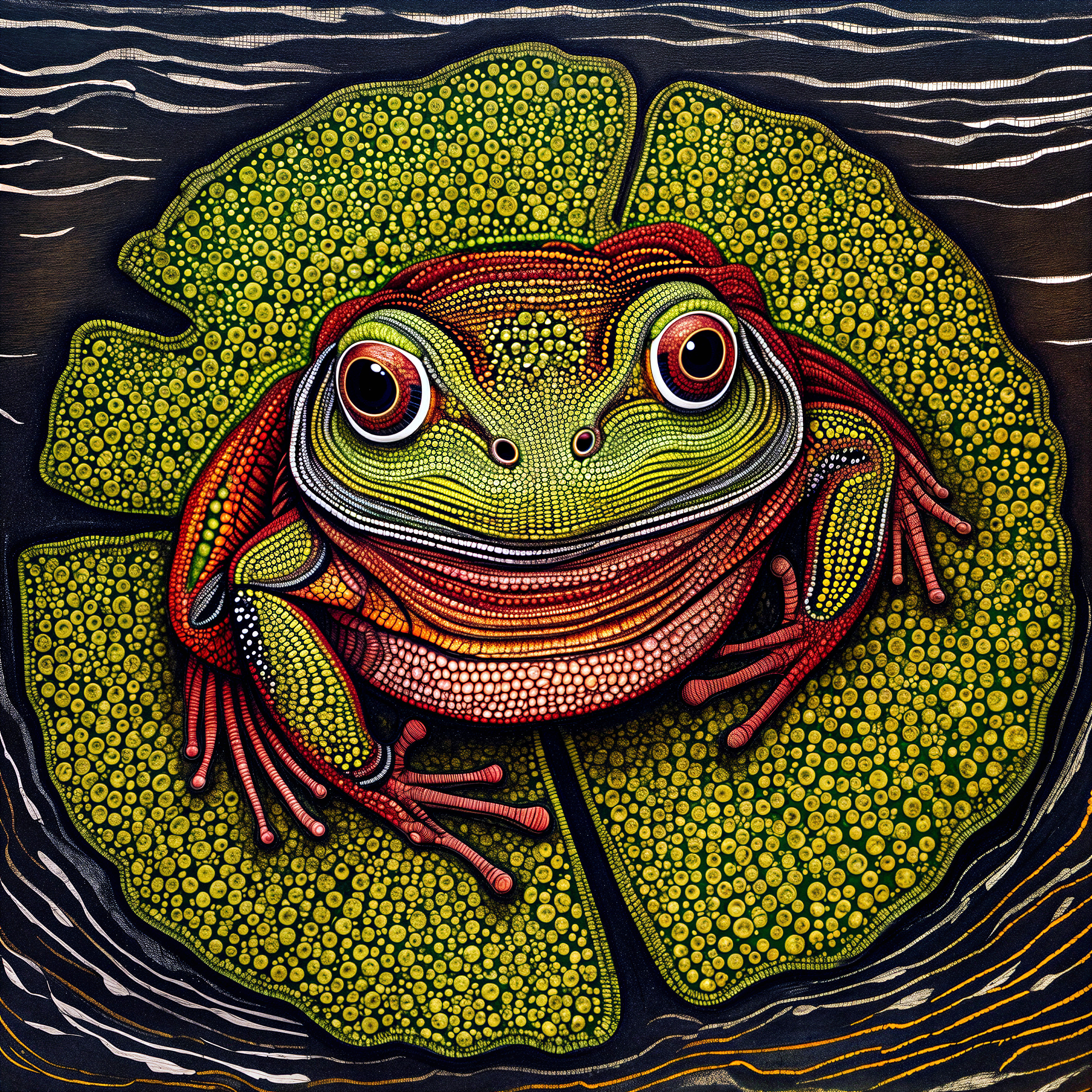 Vibrant Frog on Lily Pad in Serene Pond Setting