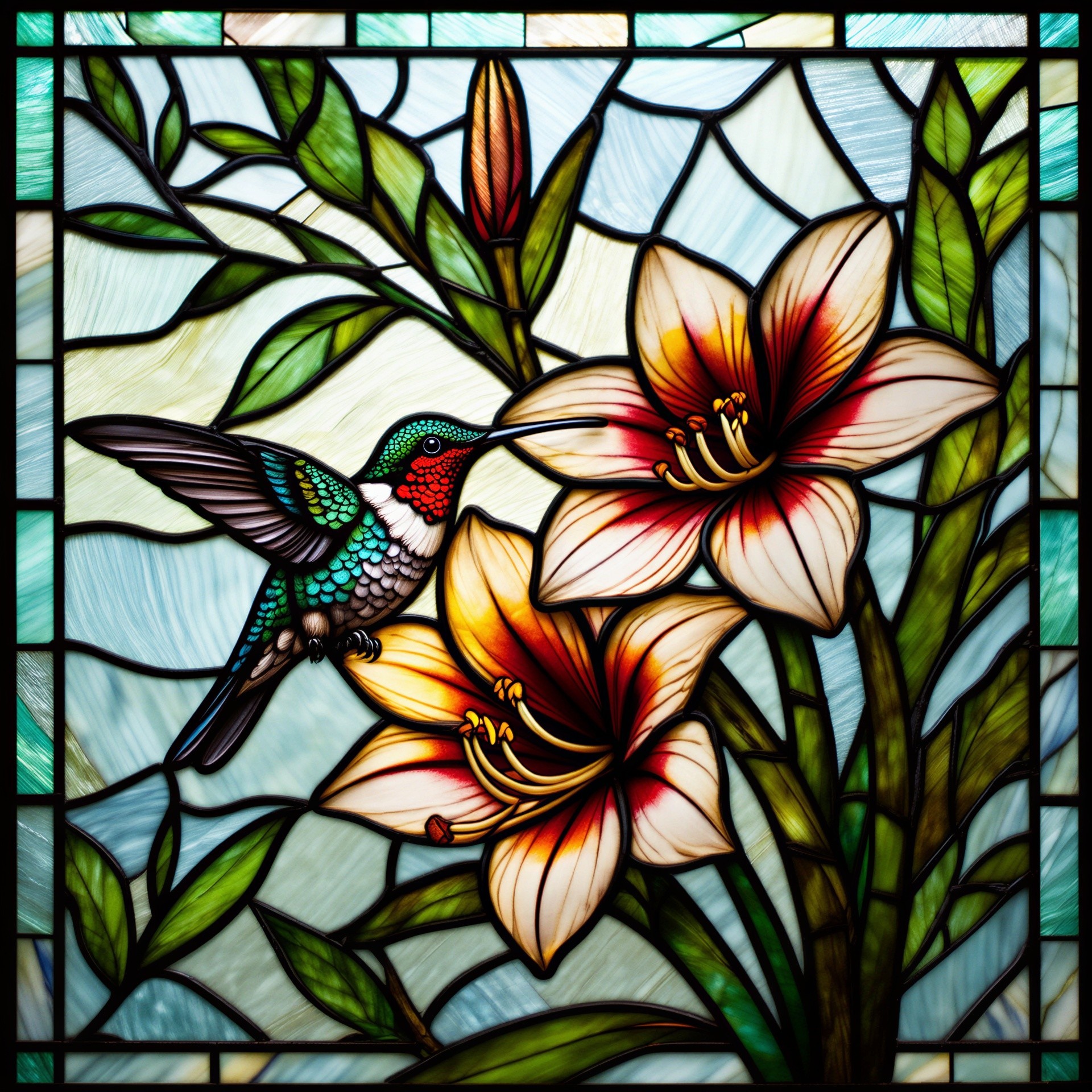 Vibrant Stained Glass Window of Hummingbird and Lilies