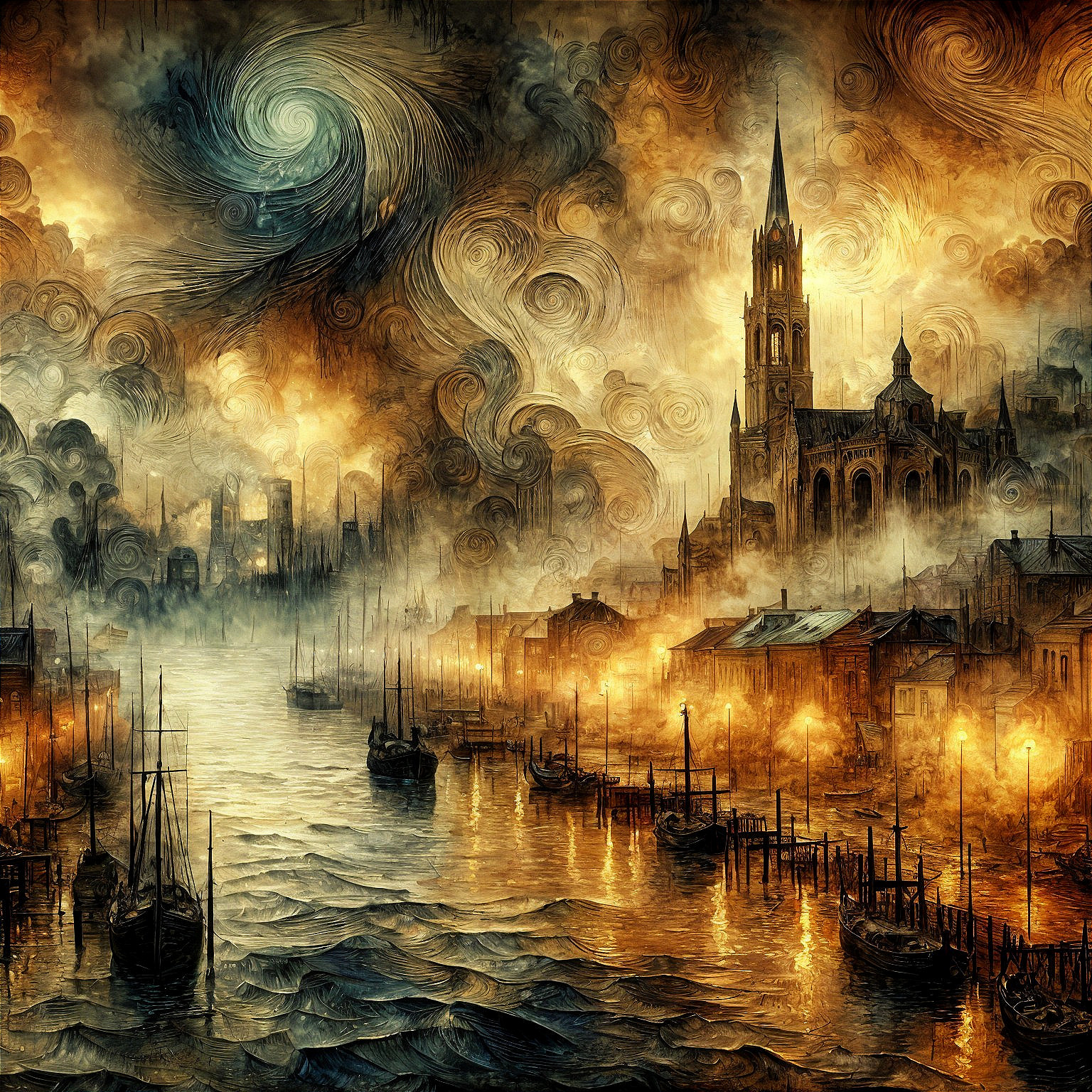 Mystical Waterfront Scene with Gothic Architecture