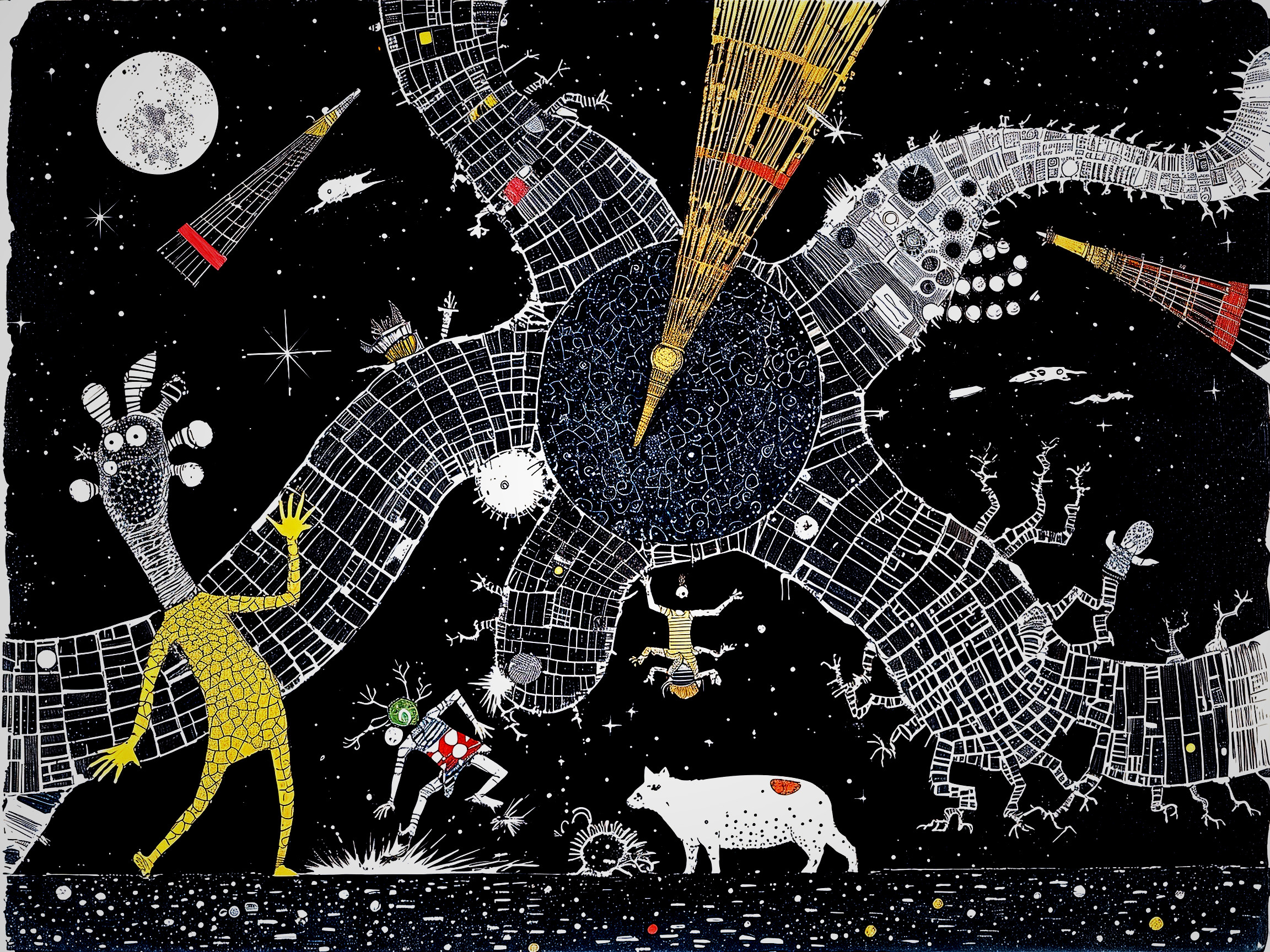 Surreal Scene with Whimsical Characters and Cosmic Elements