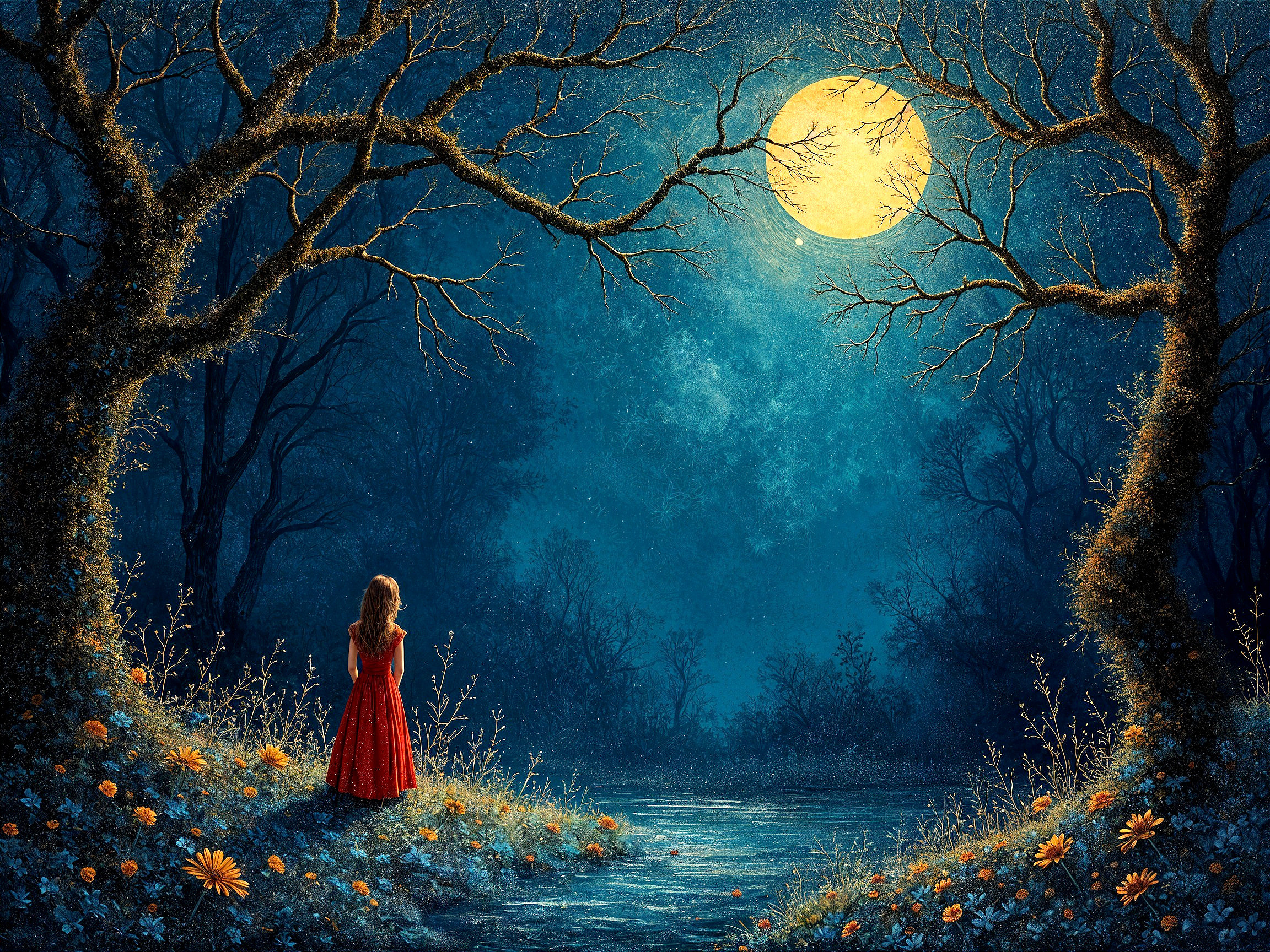 Mystical Moonlit Landscape with a Young Girl in Red Dress