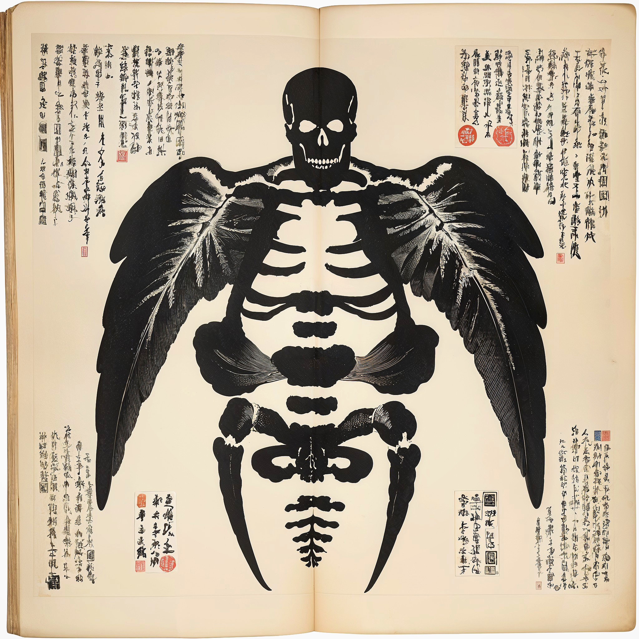 Illustration of a Winged Skeleton with Japanese Text
