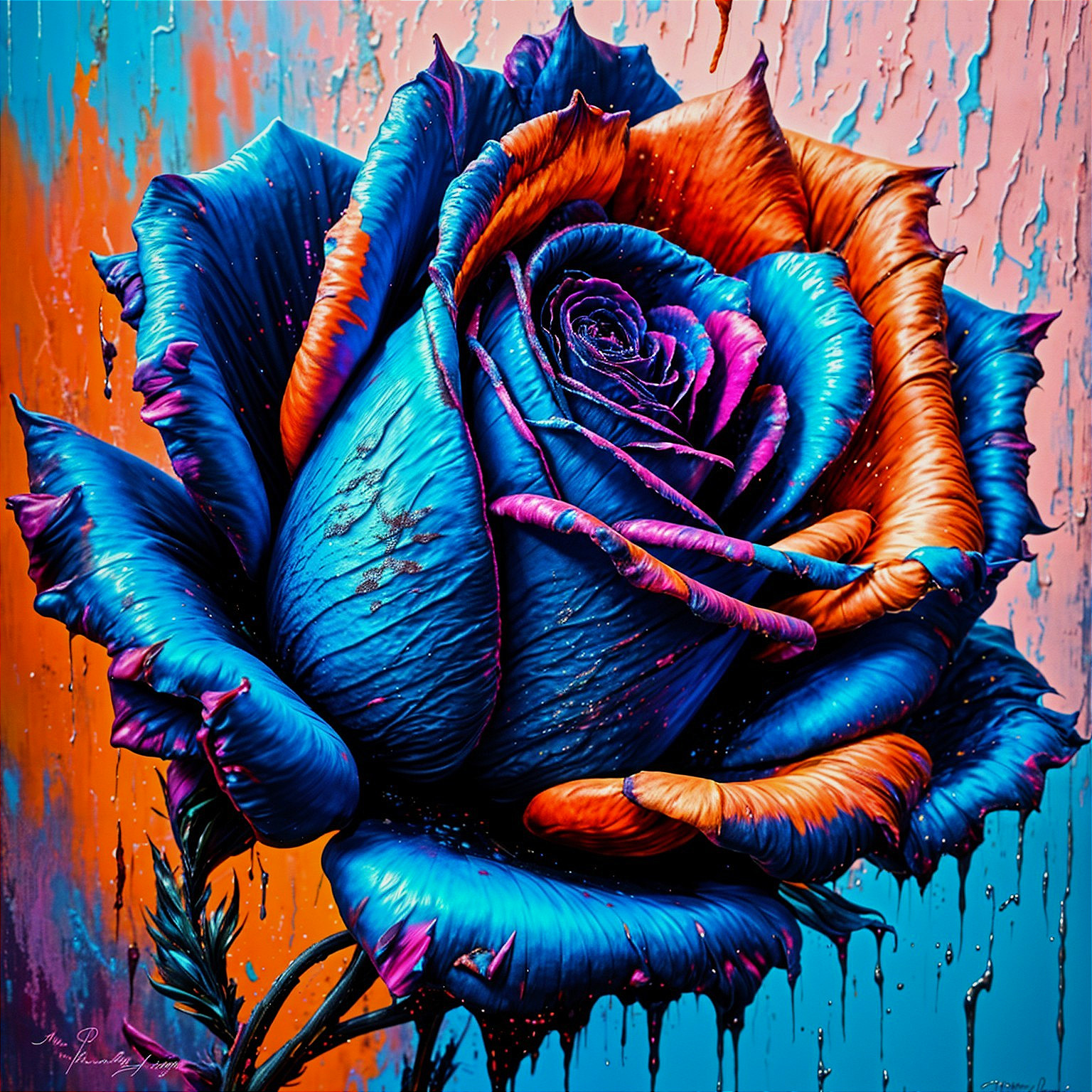Hyper-realistic painting of a blue rose with orange edges