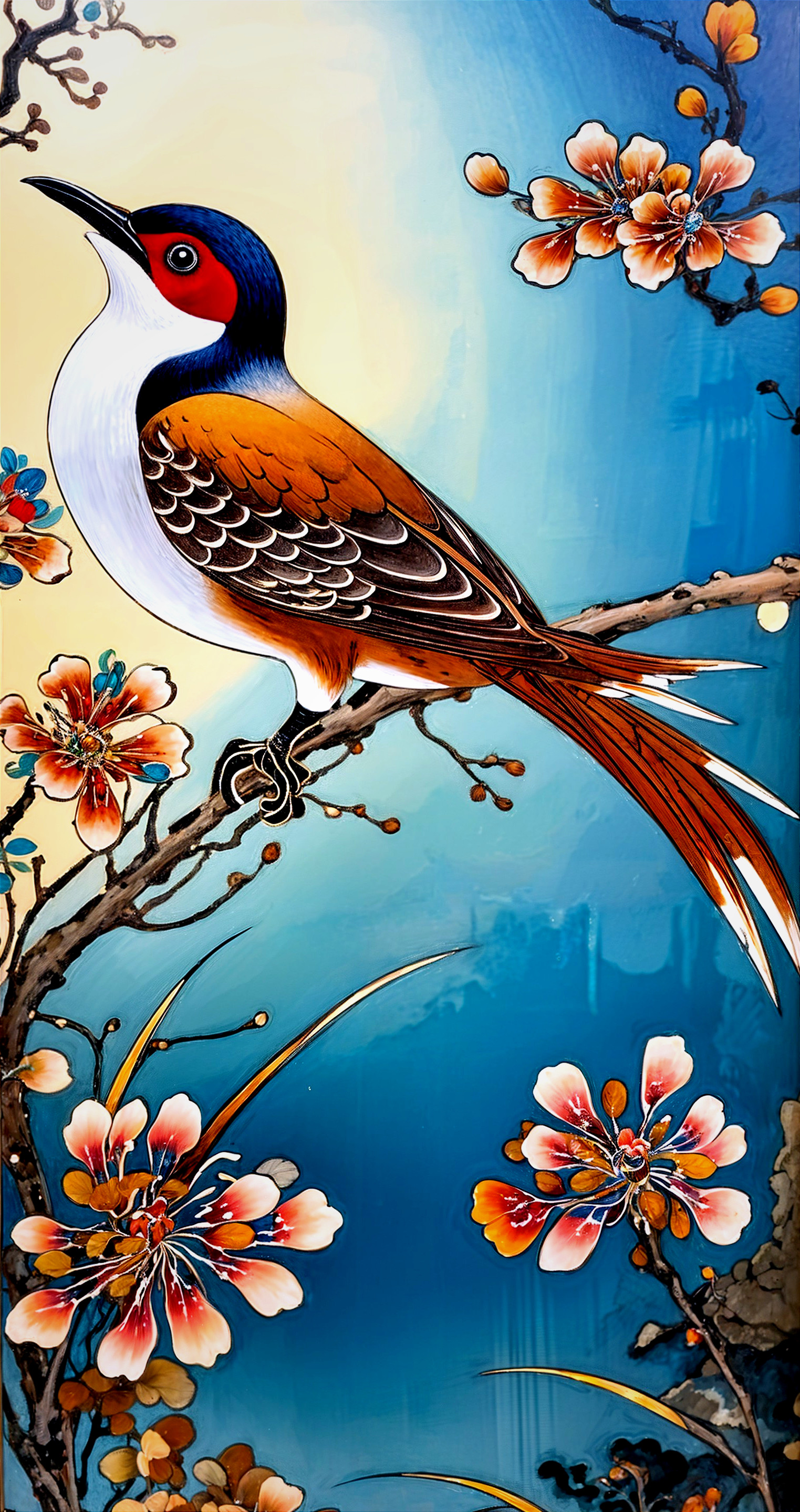 Vibrant Bird on Branch with Pink Flowers and Blue Background