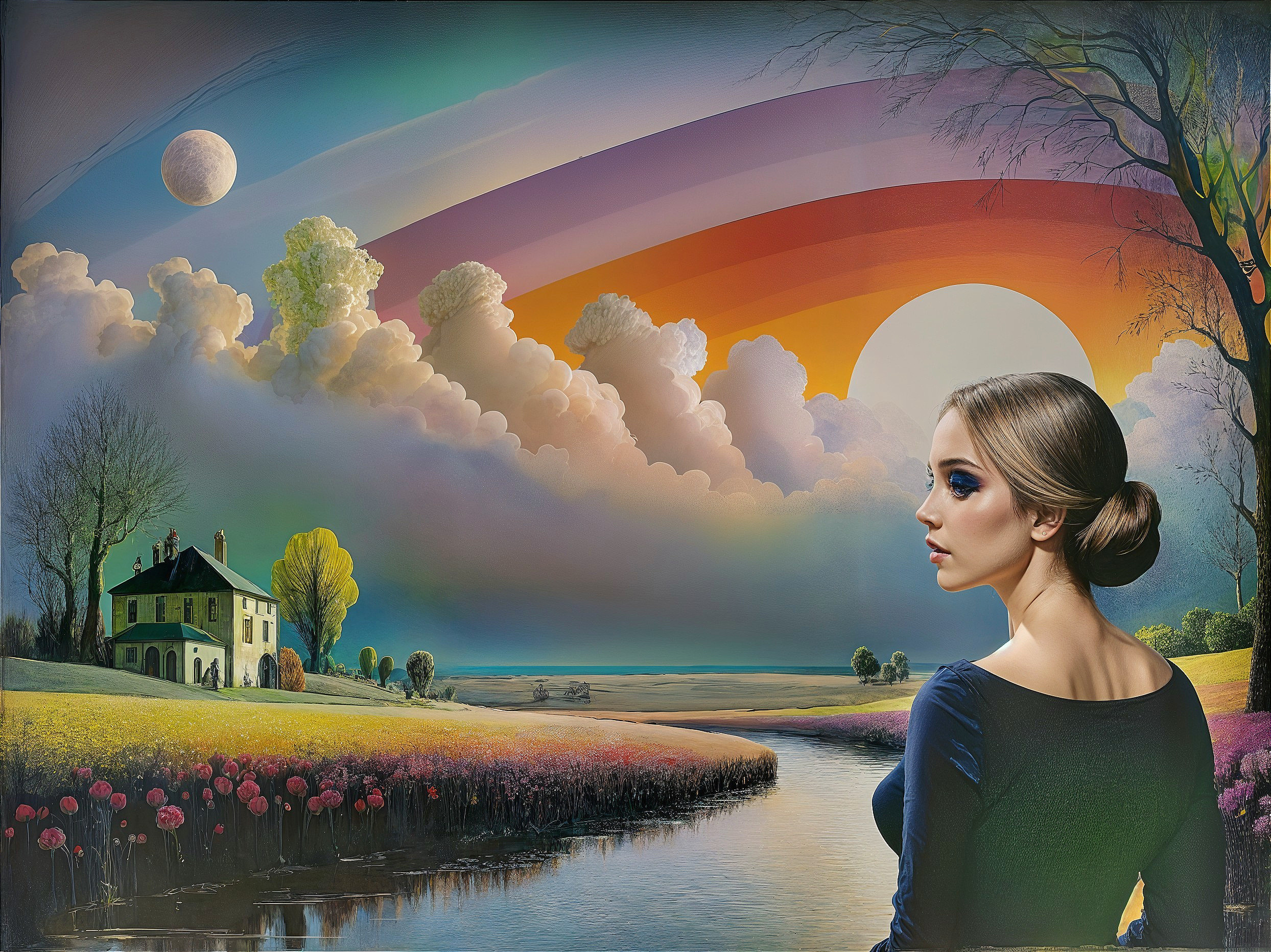 Serene landscape with rainbow, river, and flowers