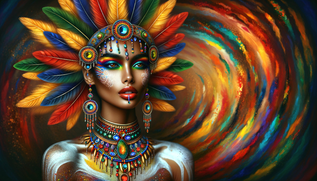Vibrant Figure in Colorful Feathers and Jewelry
