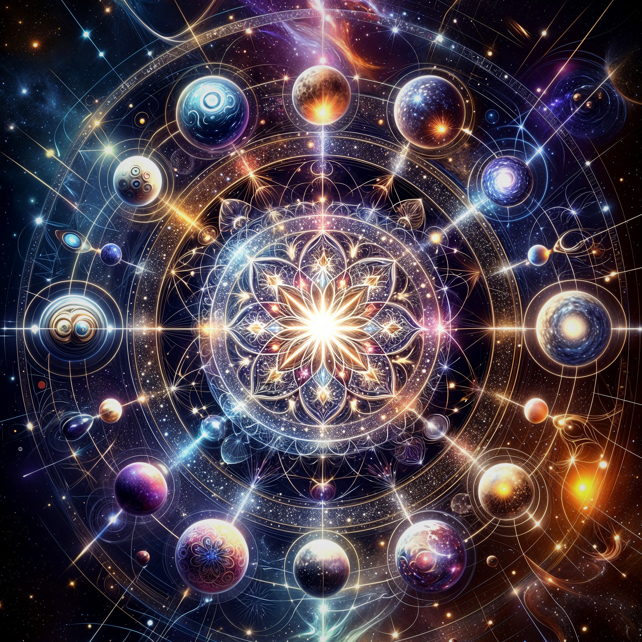 Cosmic Scene with Radiant Mandala and Colorful Planets