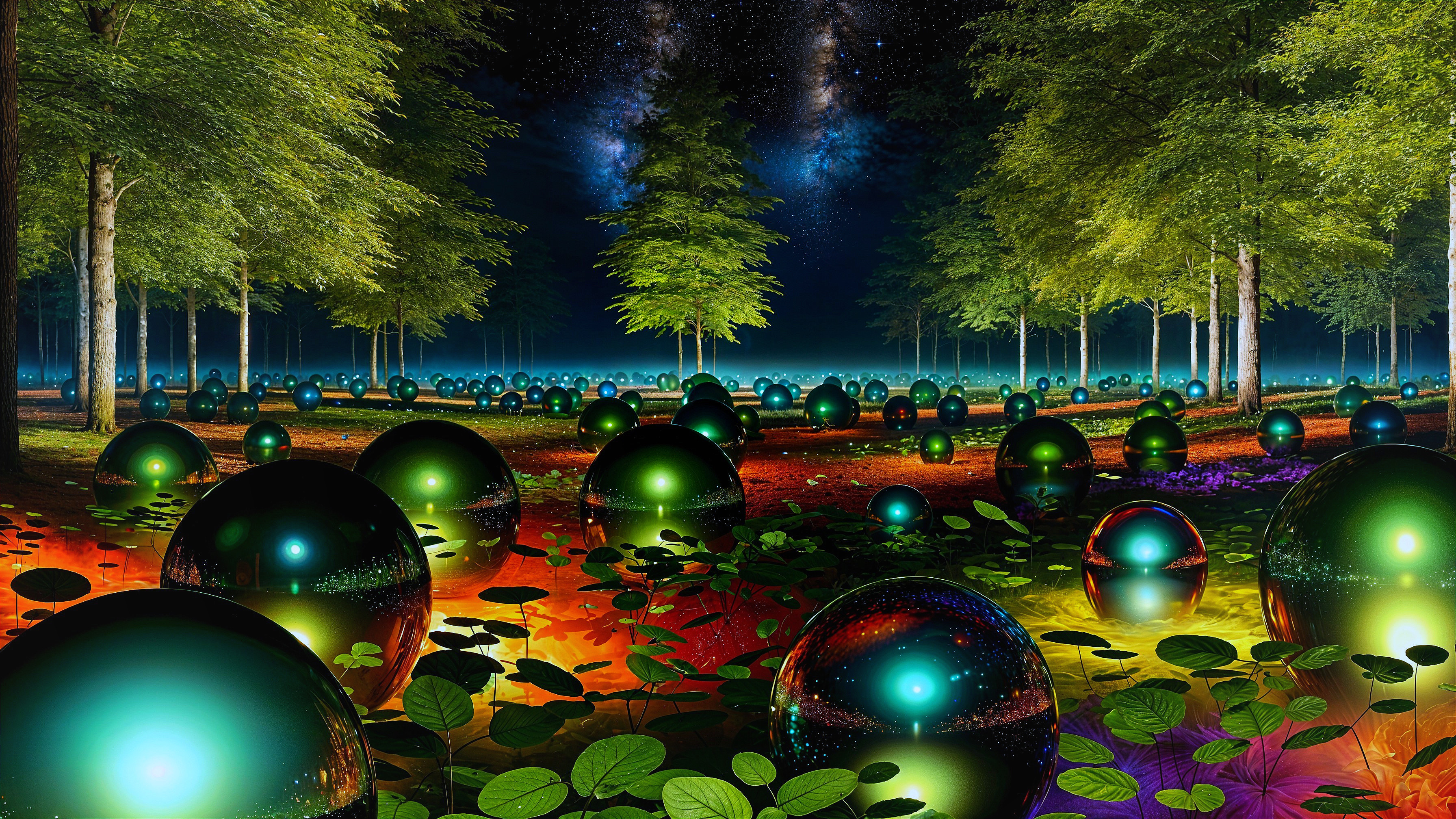 Surreal forest with glowing spheres and vibrant trees