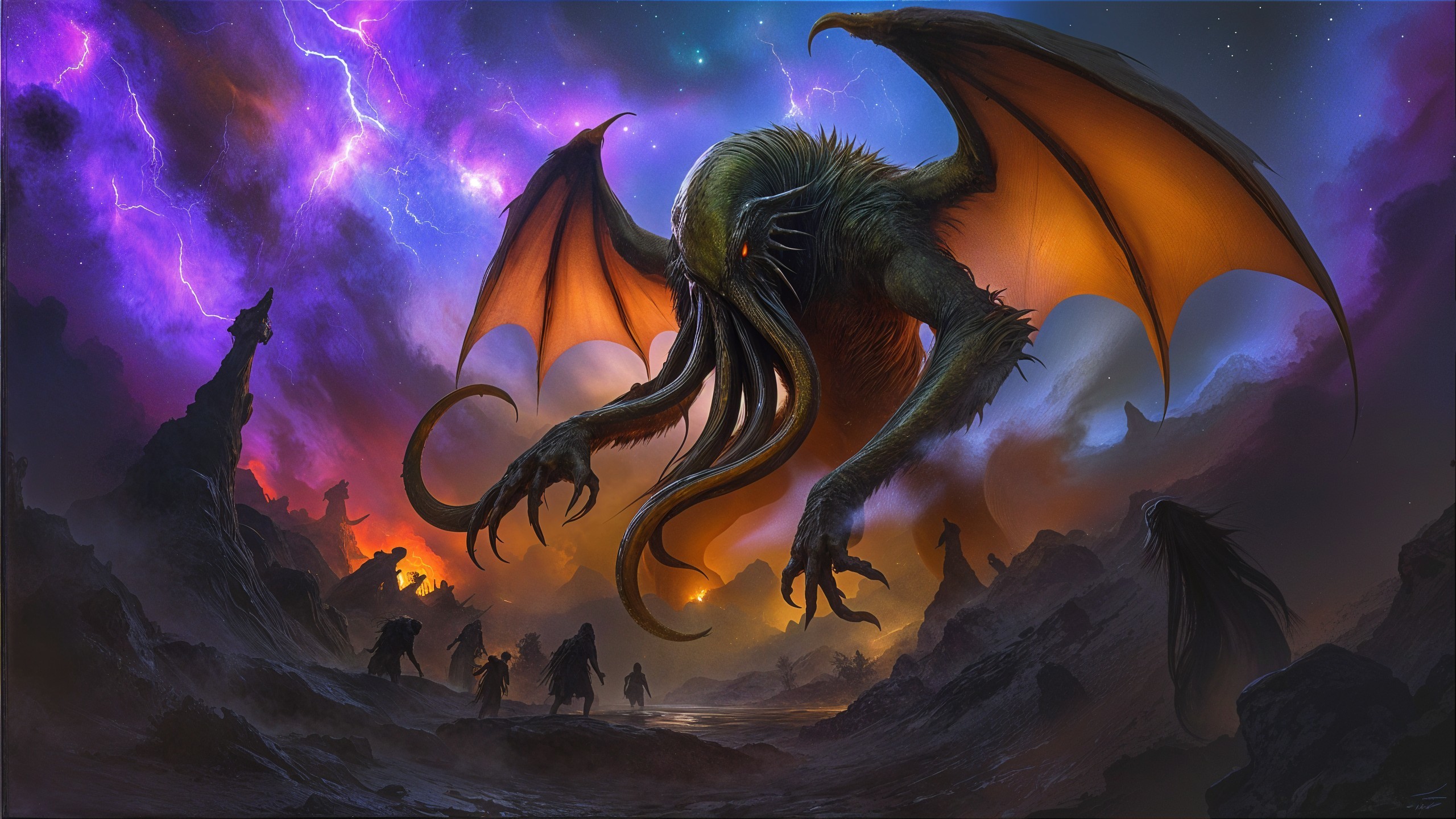 Otherworldly Creature in Cosmic Landscape with Lightning