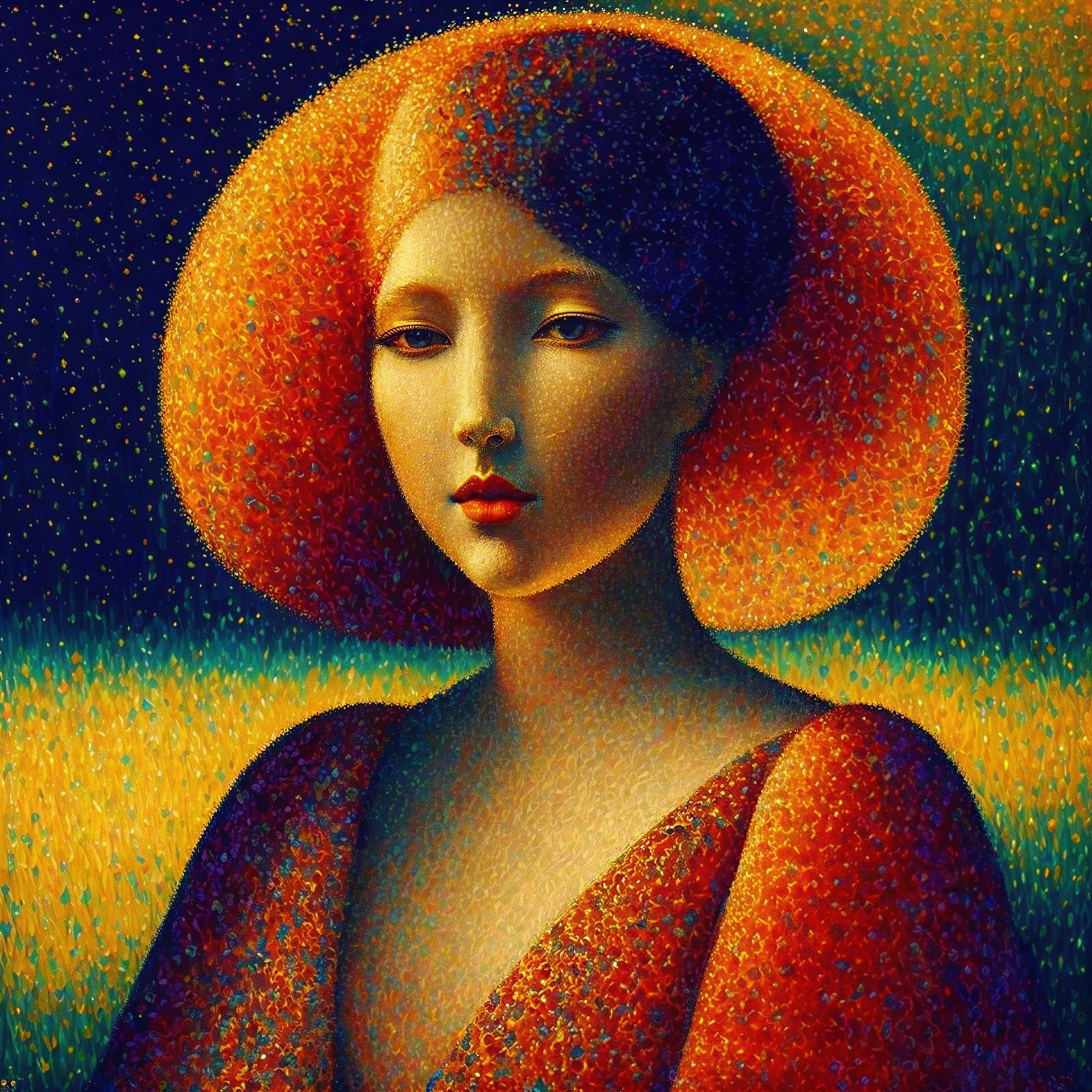Woman with Vibrant Red-Orange Hair and Serene Expression