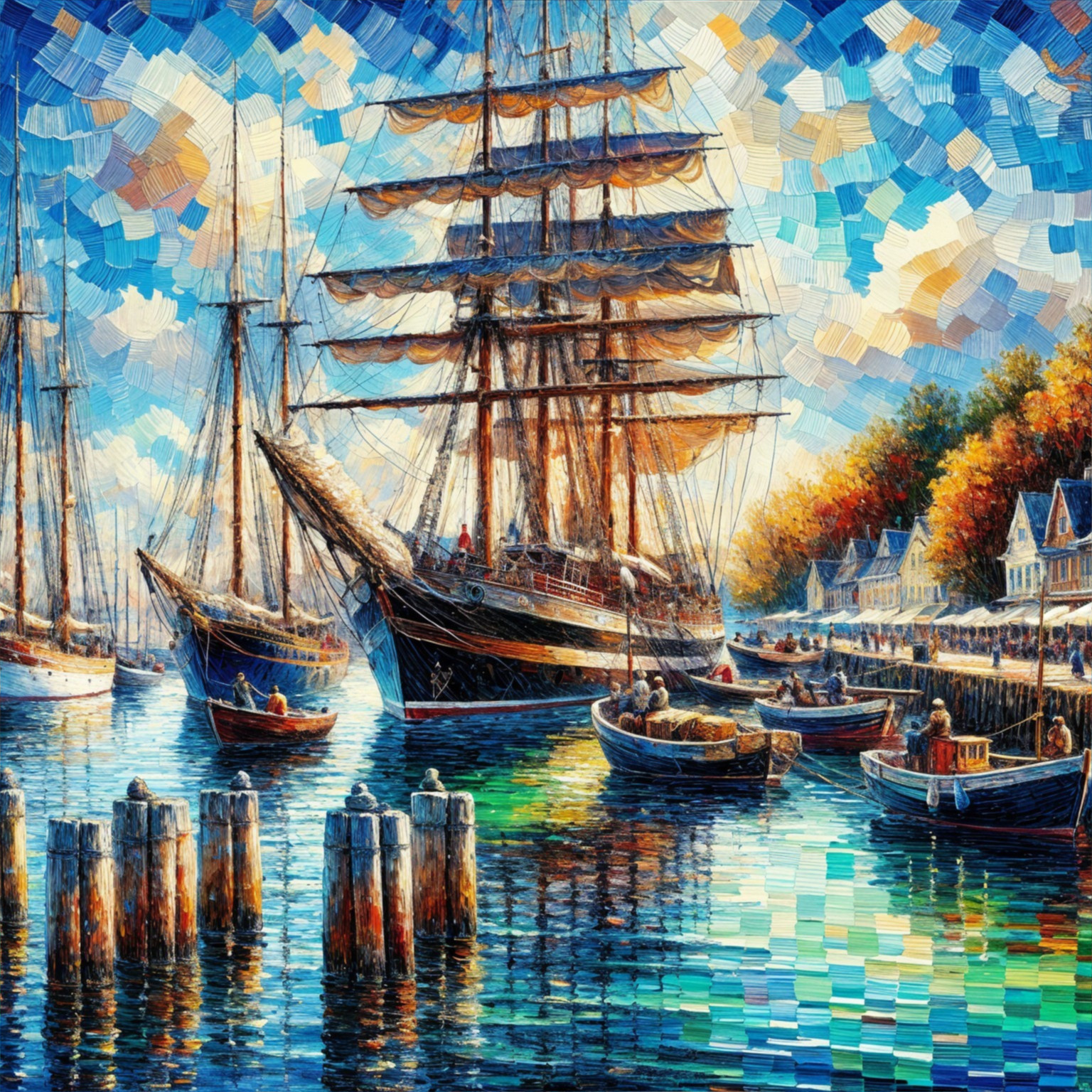 Vibrant Harbor Scene with Tall Ships and Autumn Colors