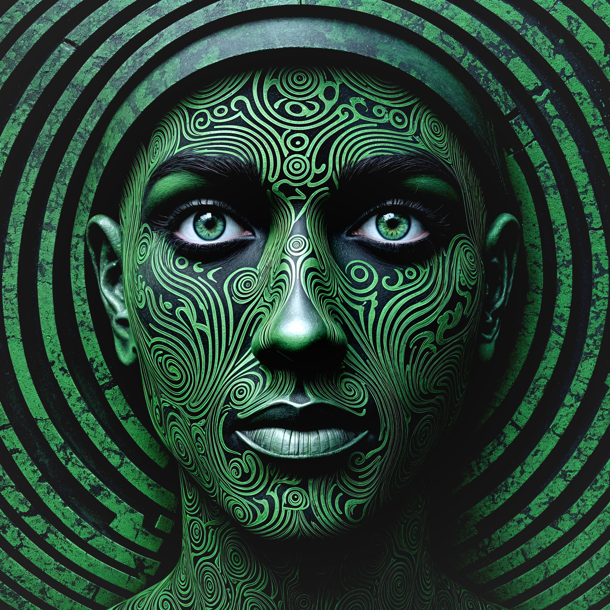 Abstract Portrait with Green Patterns and Spiraling Lines