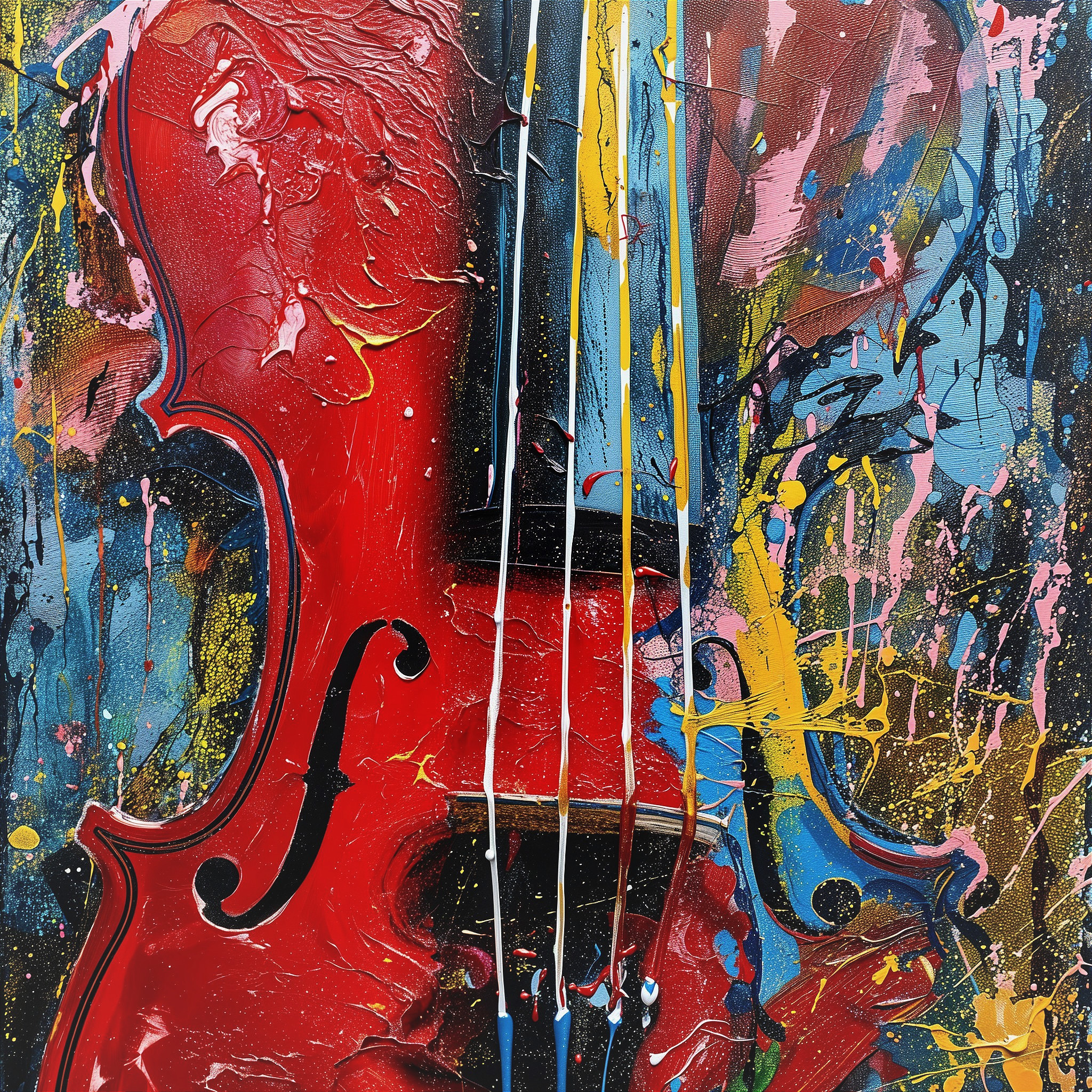 Abstract Artwork of a Red Violin with Colorful Background