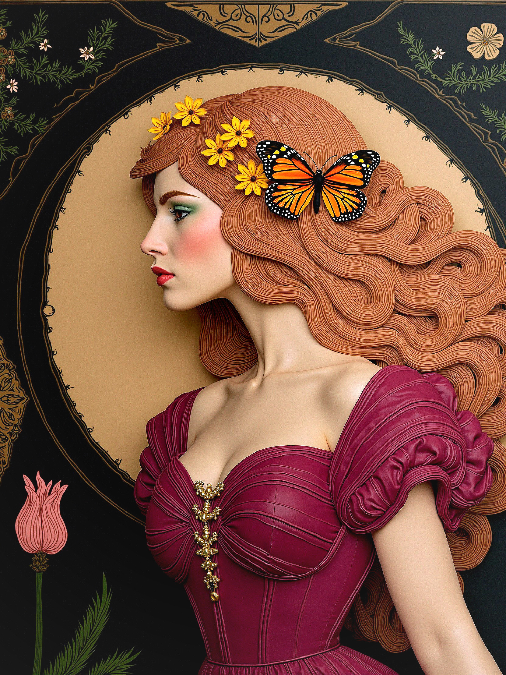 Stylized Woman in Burgundy Gown with Floral Accents