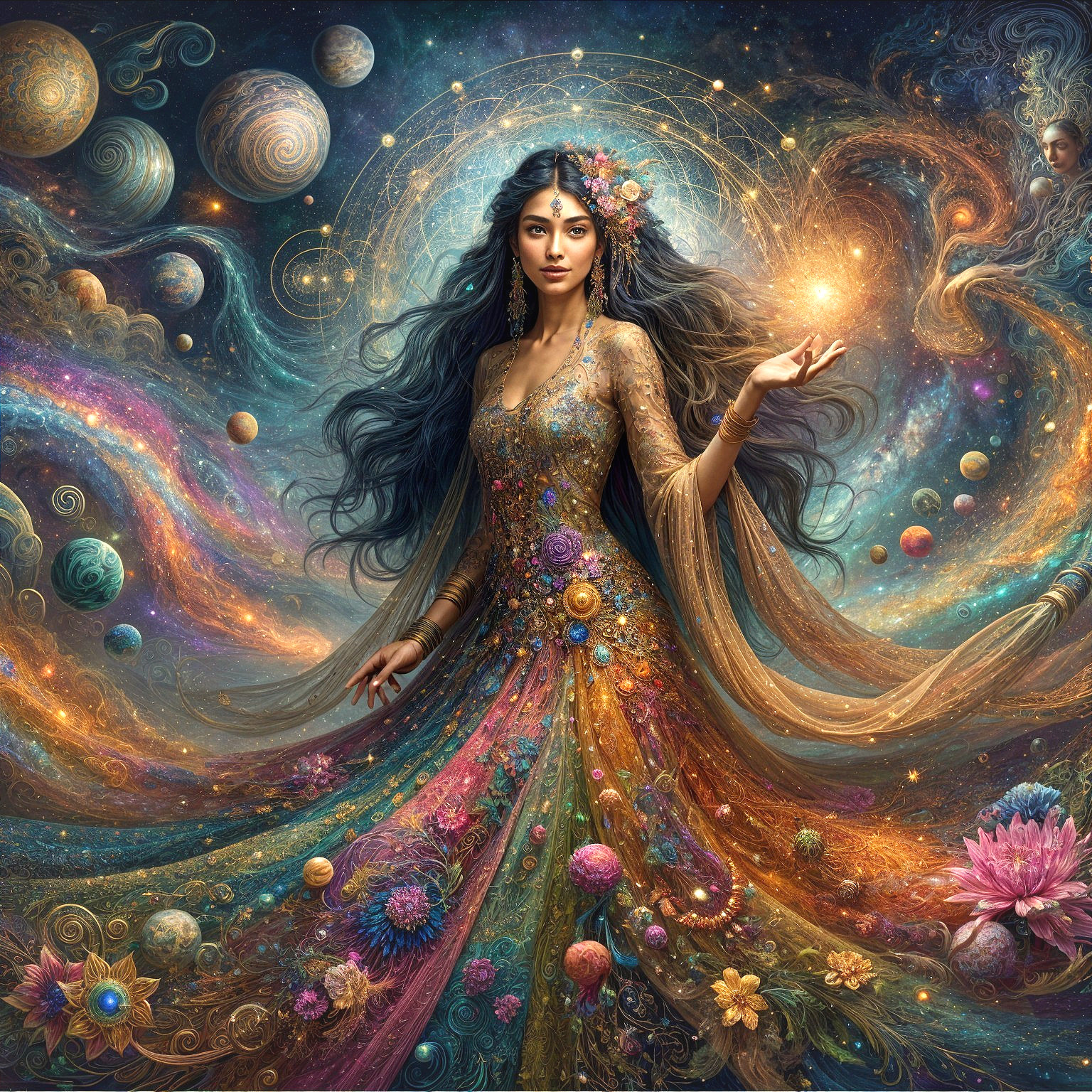 Mystical figure in colorful gown against cosmic backdrop