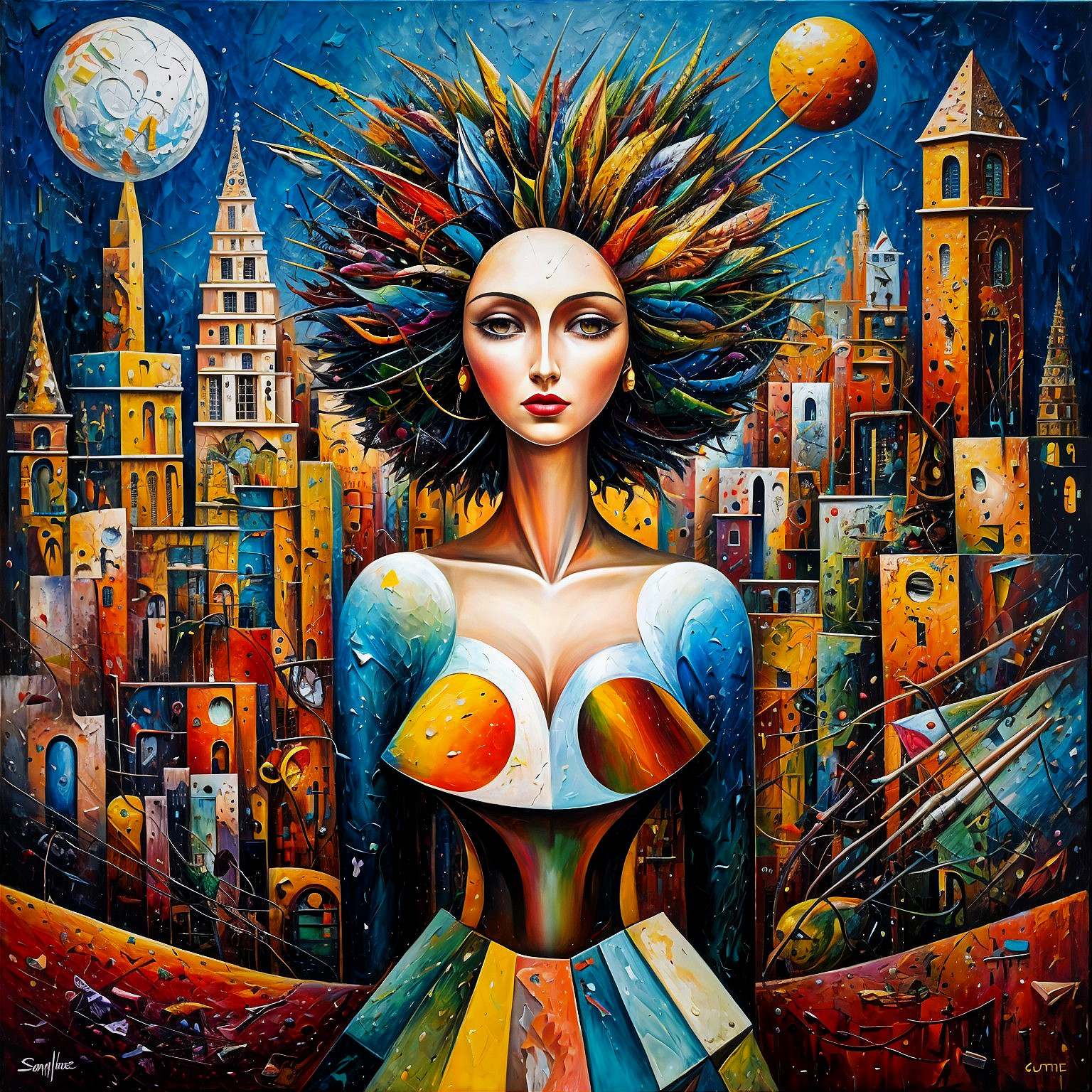 Woman with Colorful Foliage Hair in Abstract Cityscape