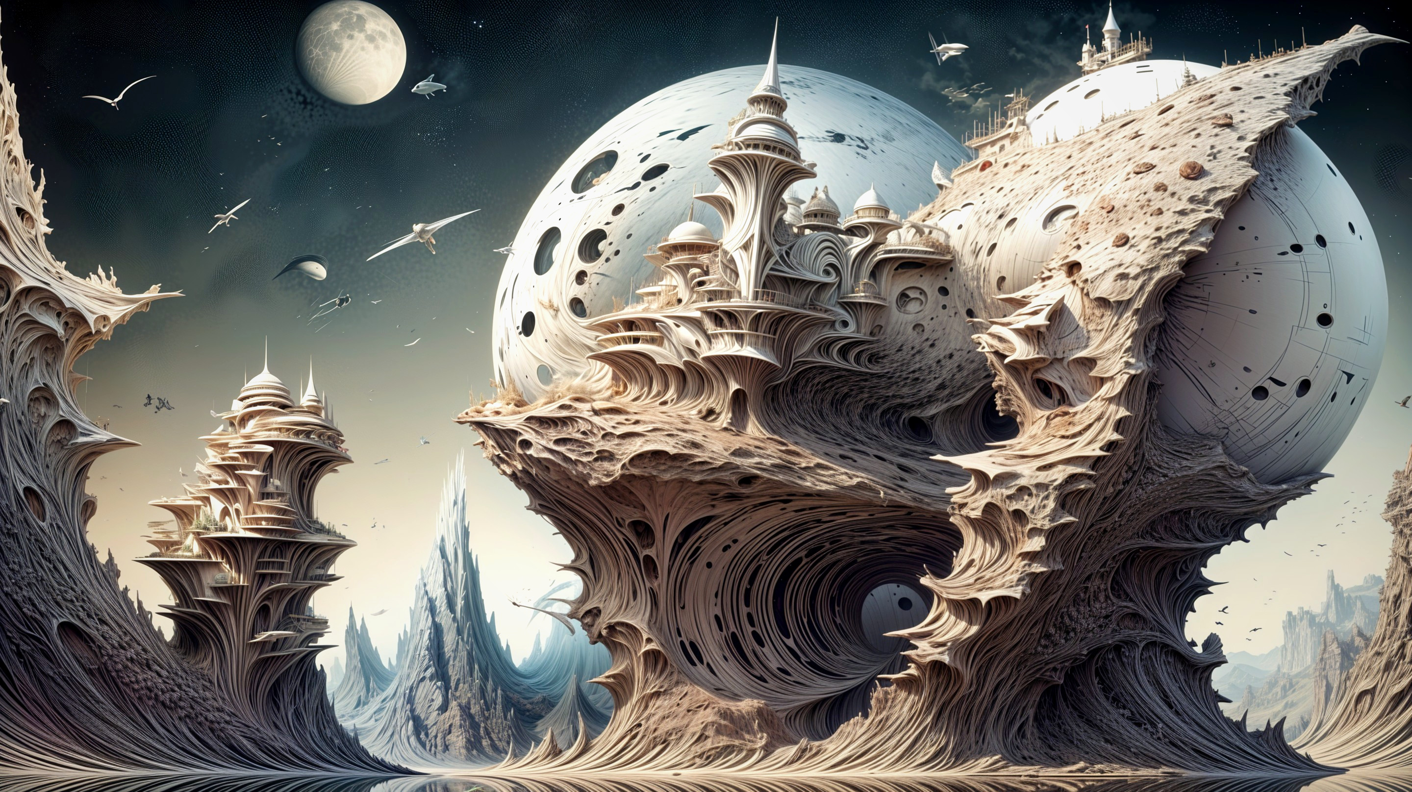 Surreal Landscape with Organic Towers and Moons