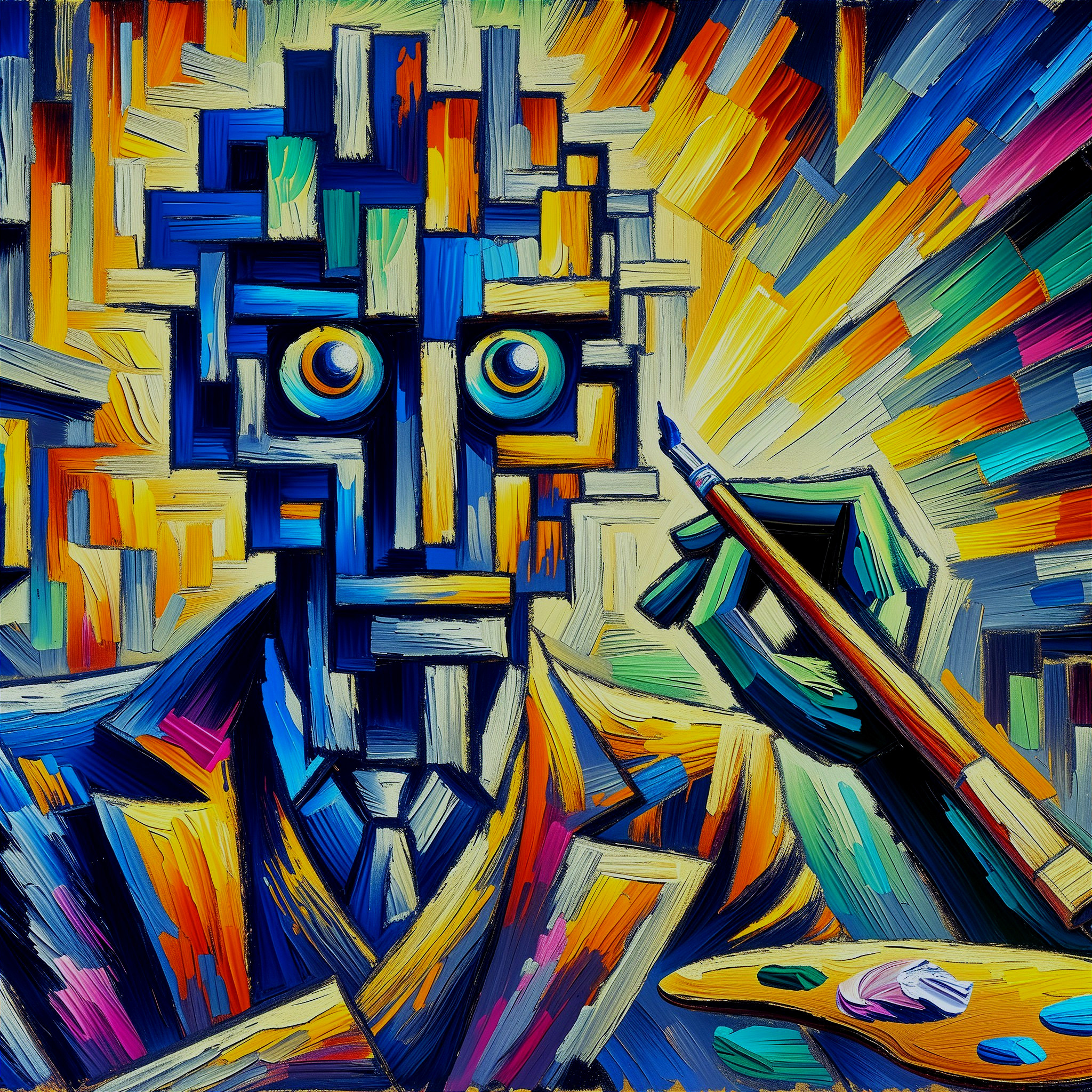 Stylized Painter Figure with Vibrant Colors and Expression