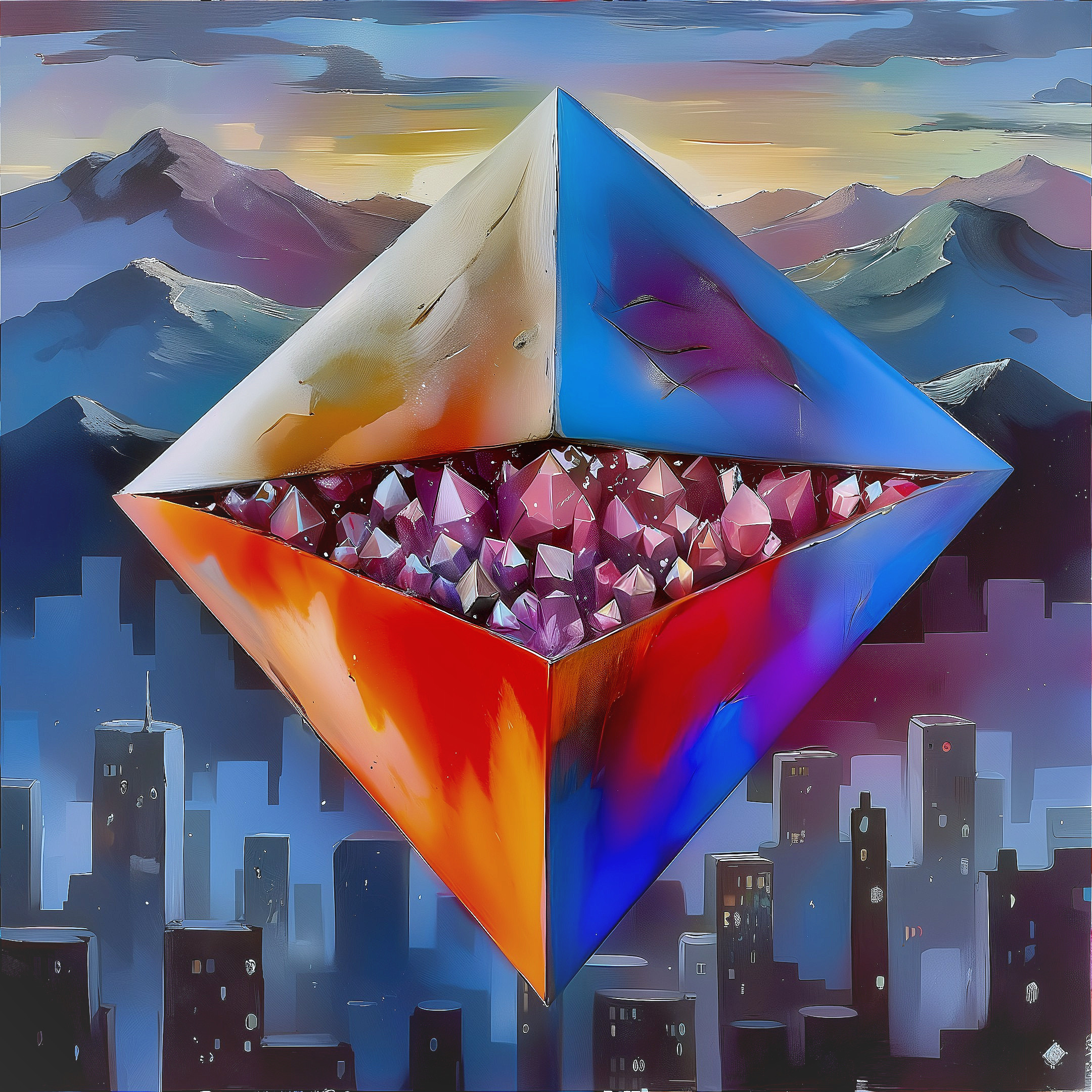 Geometric Pyramid with Vibrant Colors Above Skyline