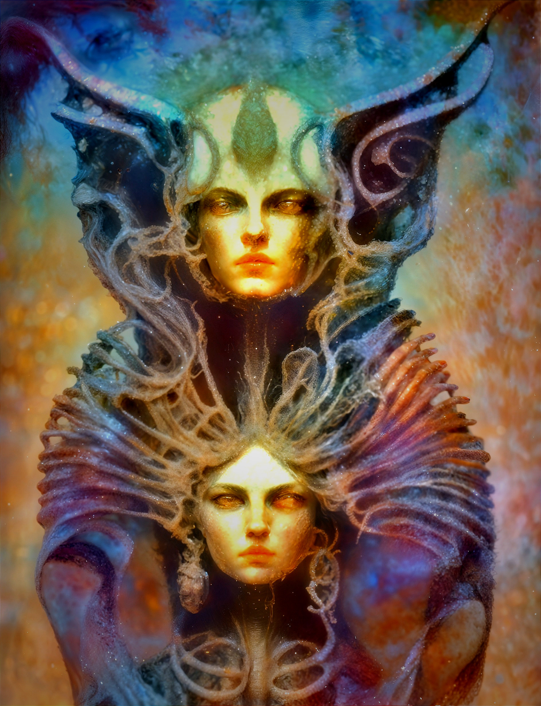 Ethereal Figures Intertwined with Mystical Headpieces