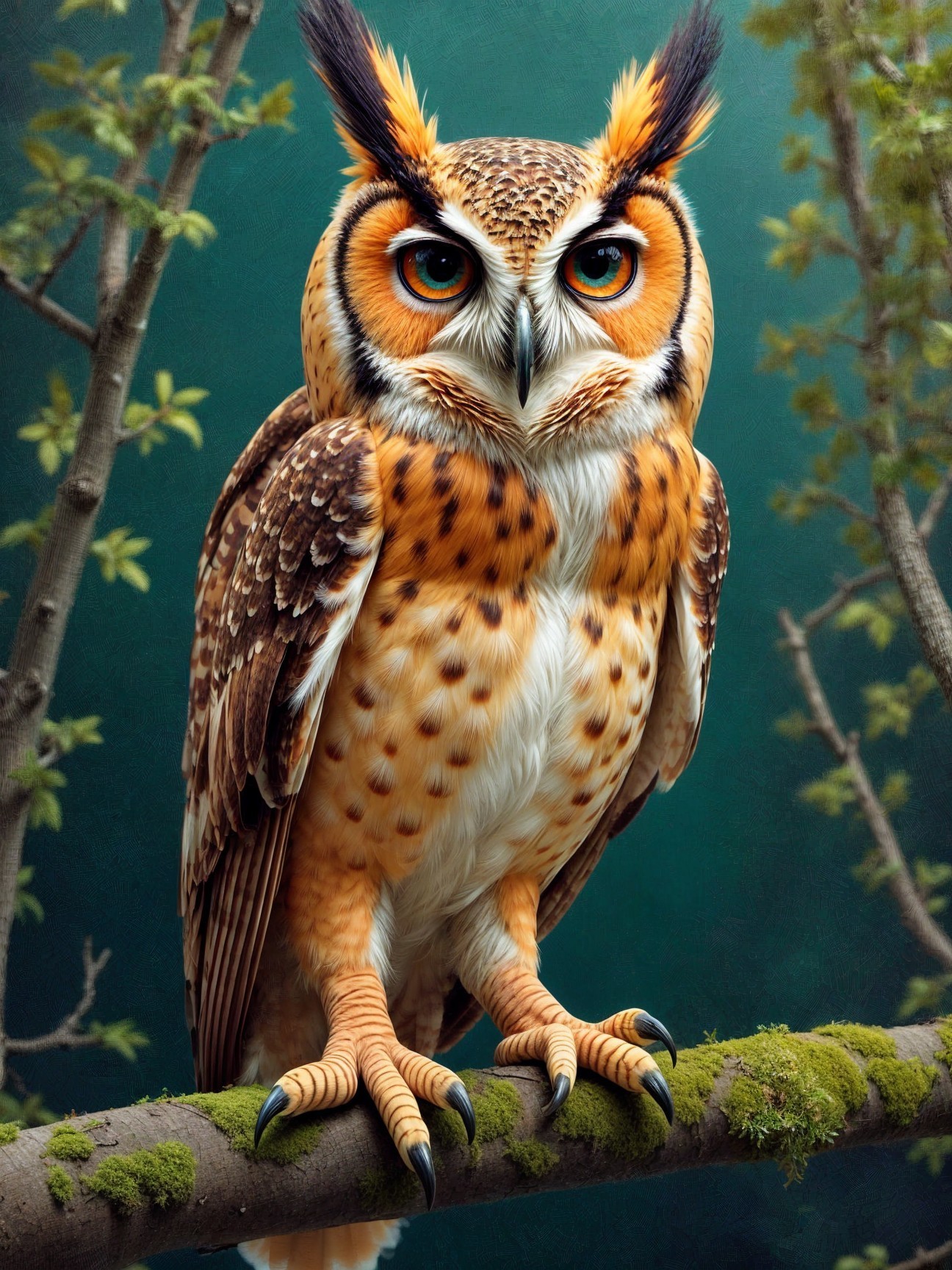 Owl on Moss-Covered Branch with Vibrant Plumage