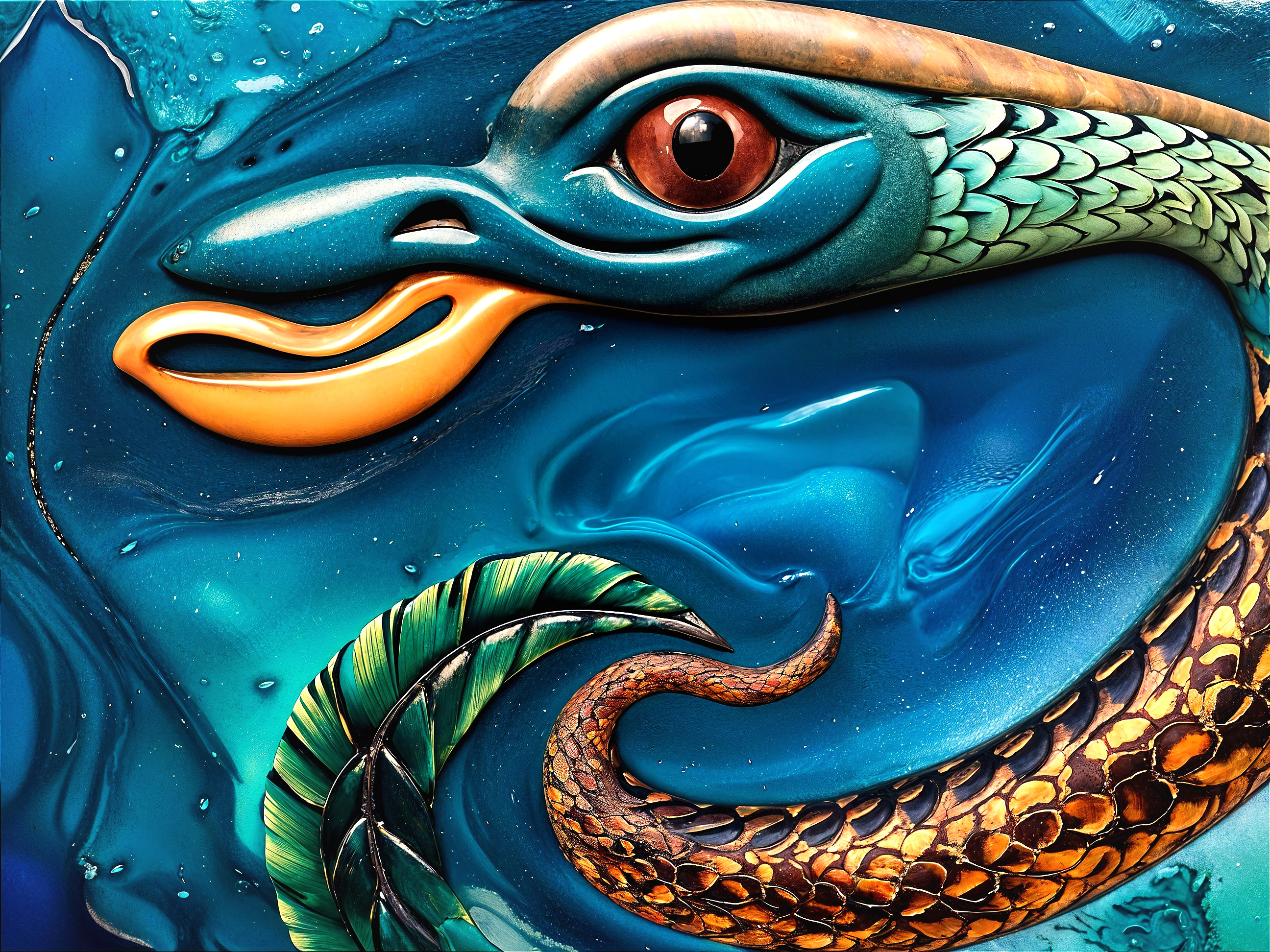Abstract Serpent Creature in Teal and Blue Tones